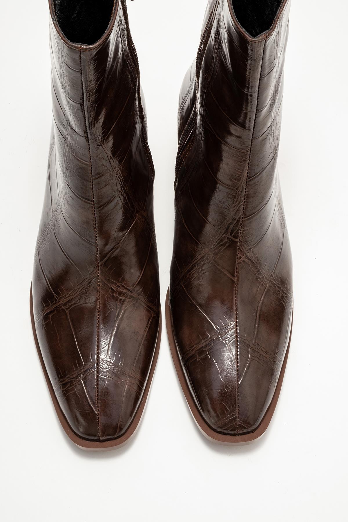 Chara - Brown Printed Block Heel Boot – side view showing leather, Vowalisse