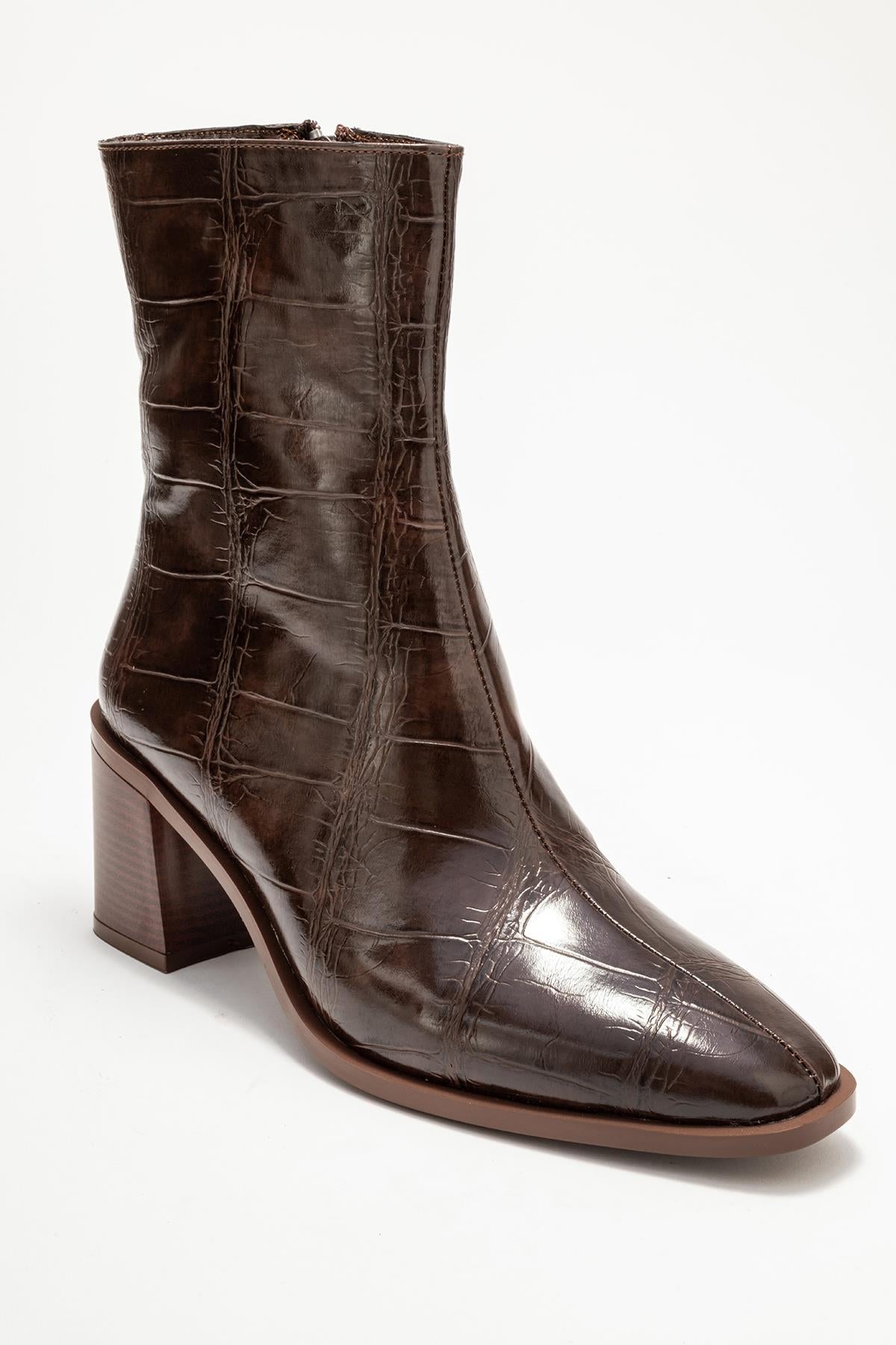Chara - Brown Printed Block Heel Boot – detail view showing leather, Vowalisse