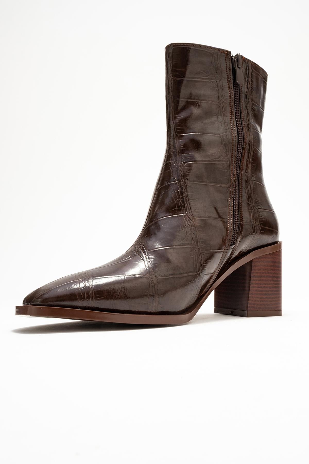 Chara - Brown Printed Block Heel Boot – heel view showing leather, Vowalisse