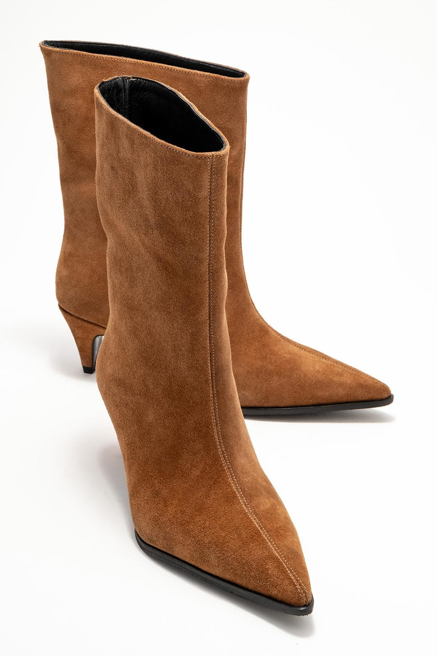 Aleo - Taupe Suede Genuine Leather Pointed Toe Short Heel Boot