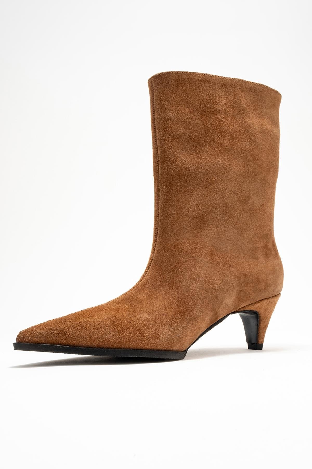 Aleo - Taupe Suede Genuine Leather Pointed Toe Short Heel Boot – heel view showing leather, suede, Vowalisse