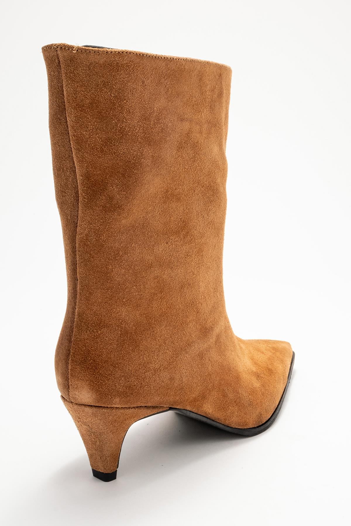 Aleo - Taupe Suede Genuine Leather Pointed Toe Short Heel Boot – back view showing leather, suede, Vowalisse