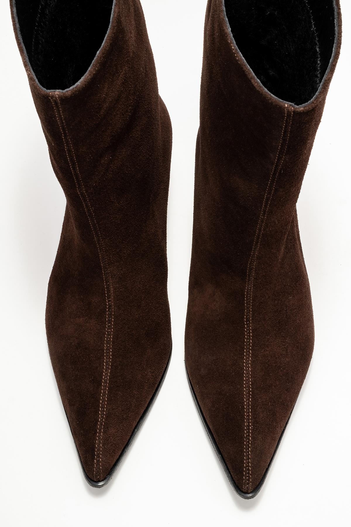 Aleo - Brown Suede Genuine Leather Pointed Toe Short Heel Boot – side view showing leather, suede, Vowalisse