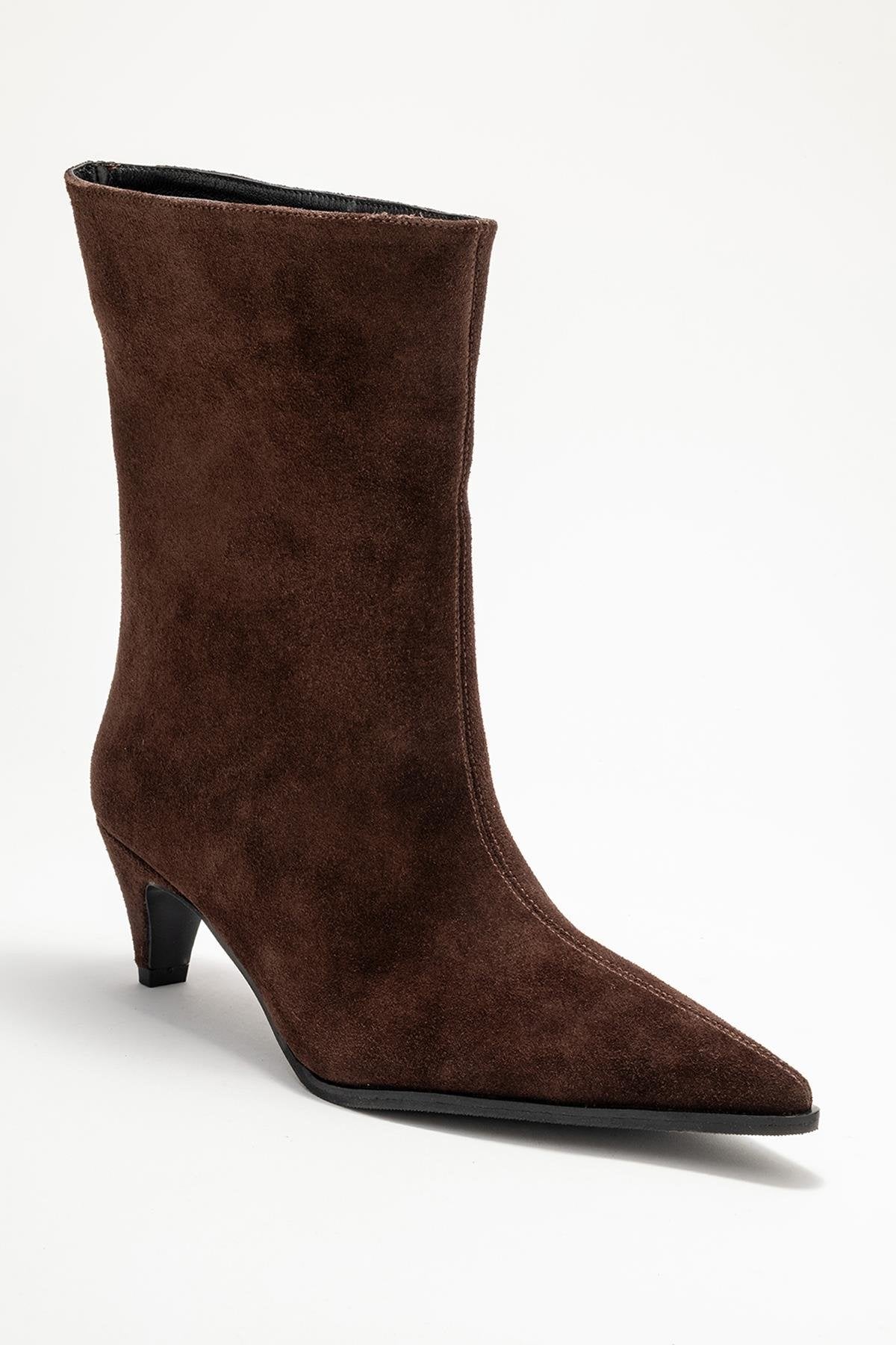 Aleo - Brown Suede Genuine Leather Pointed Toe Short Heel Boot – detail view showing leather, suede, Vowalisse