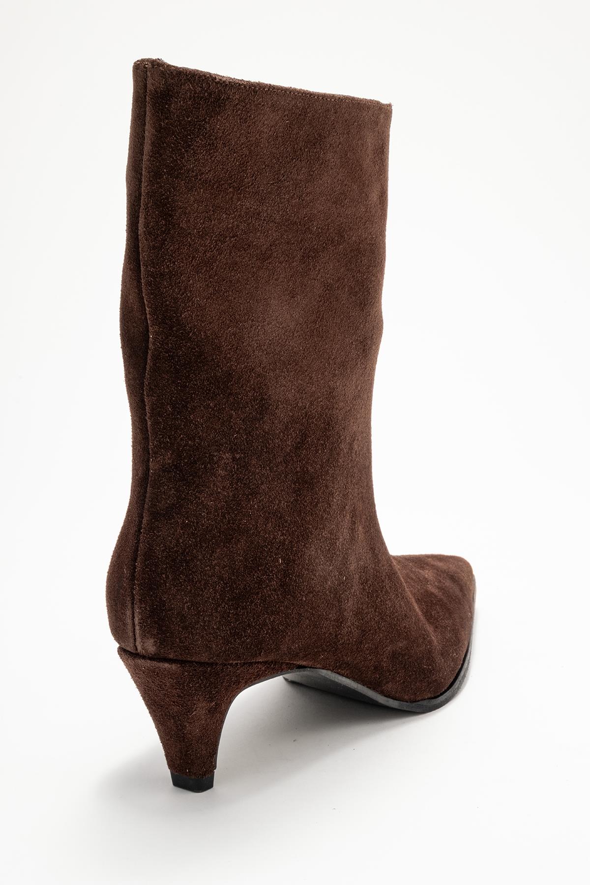 Aleo - Brown Suede Genuine Leather Pointed Toe Short Heel Boot – back view showing leather, suede, Vowalisse