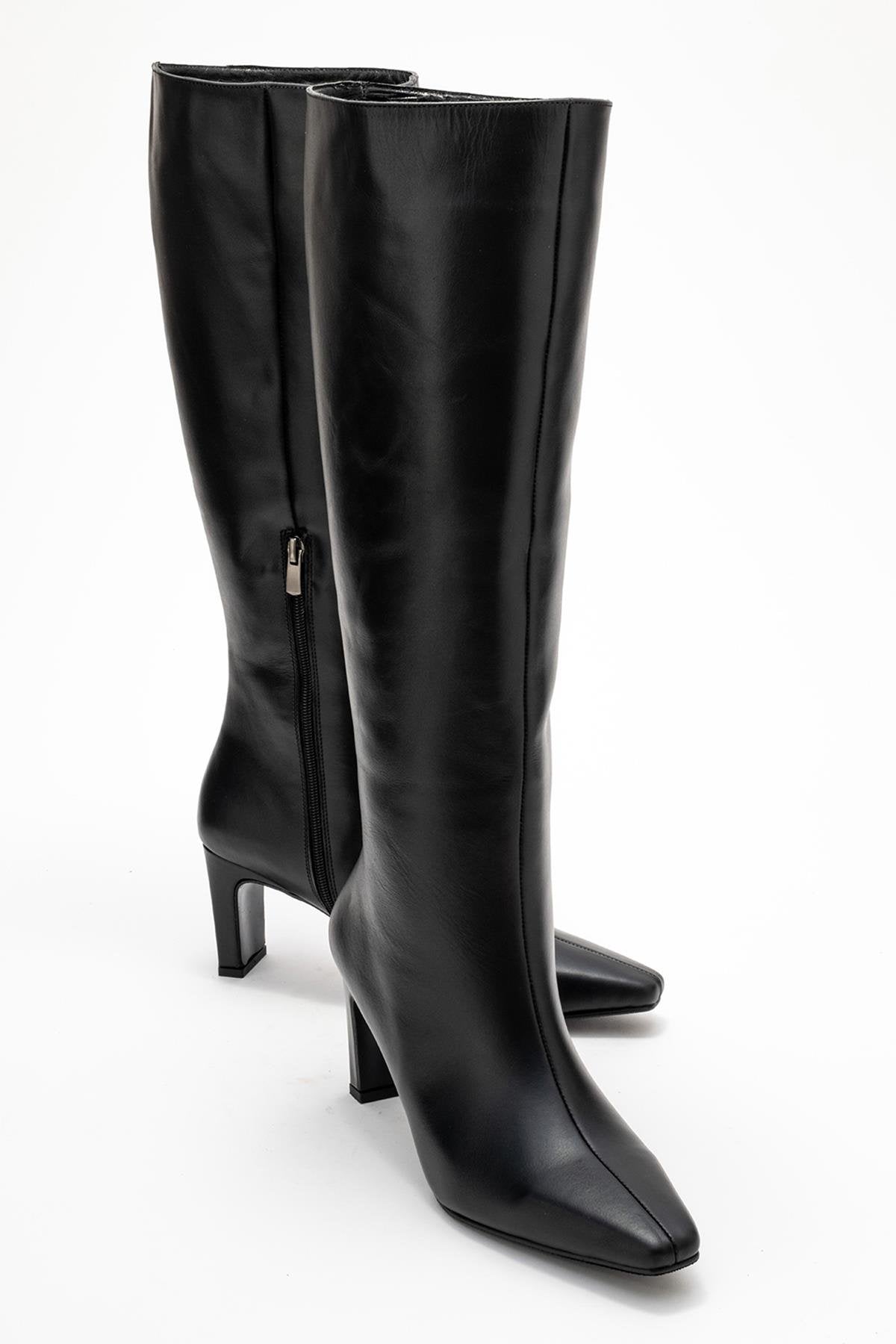 Valencia - Black Genuine Leather Block Heel Knee-High Boot – front three-quarter view showing leather, black, Vowalisse