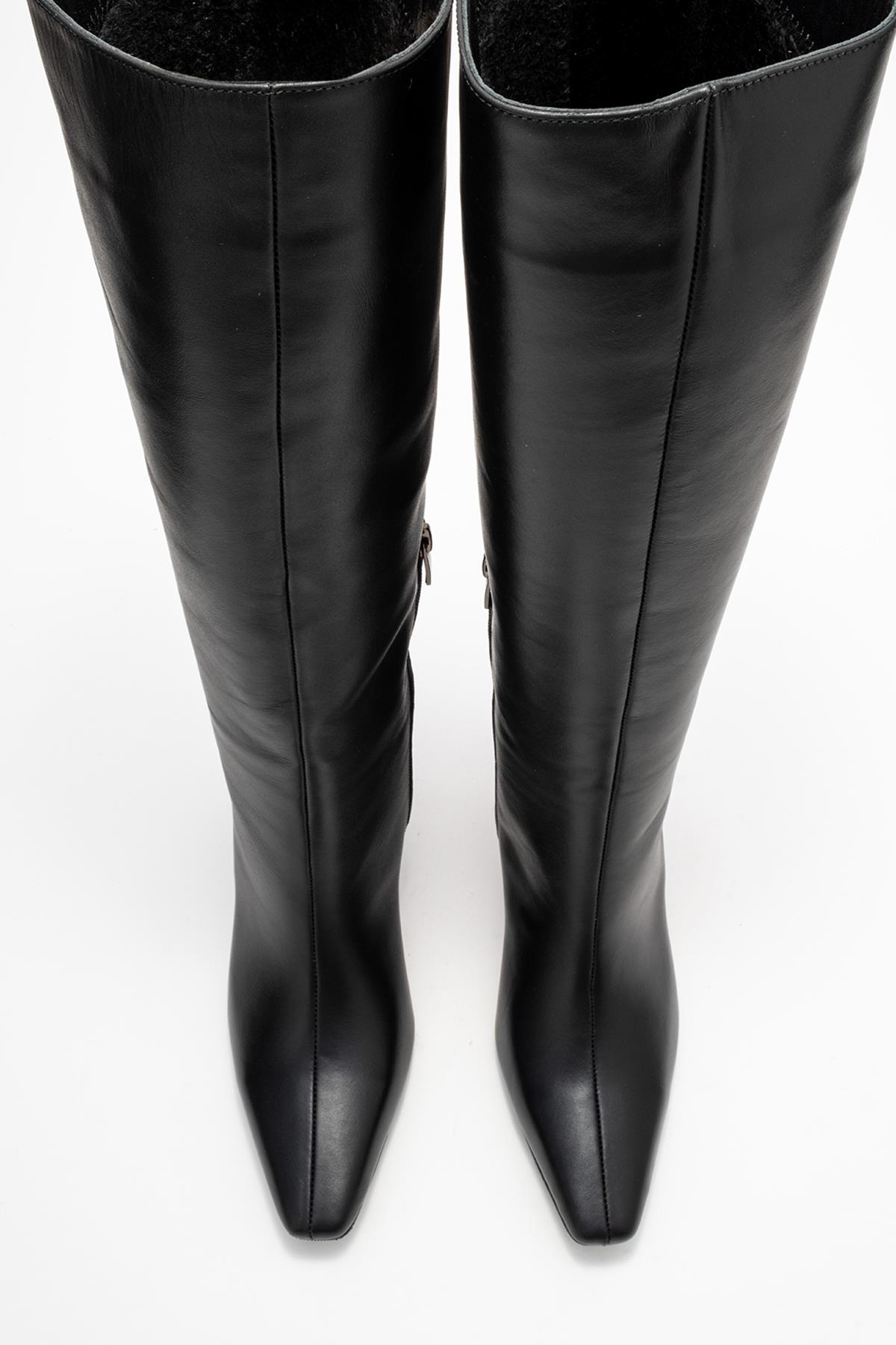Valencia - Black Genuine Leather Block Heel Knee-High Boot – side view showing leather, black, Vowalisse