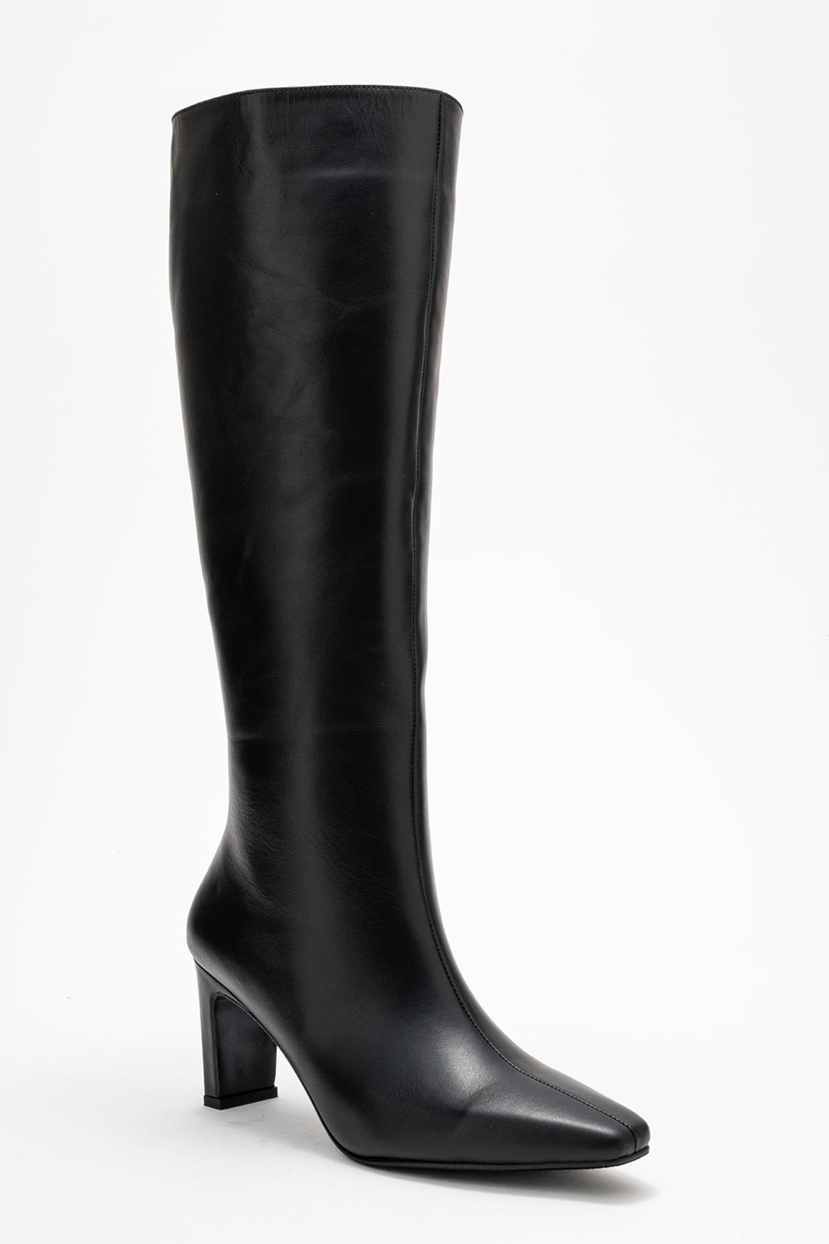 Valencia - Black Genuine Leather Block Heel Knee-High Boot – detail view showing leather, black, Vowalisse