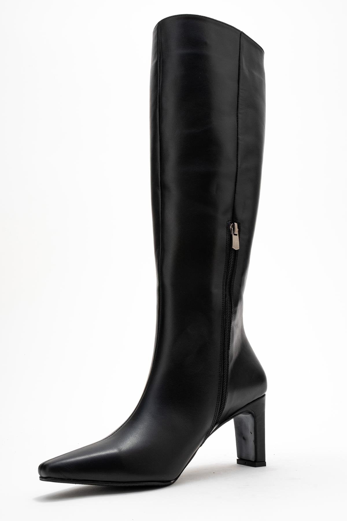 Valencia - Black Genuine Leather Block Heel Knee-High Boot – heel view showing leather, black, Vowalisse
