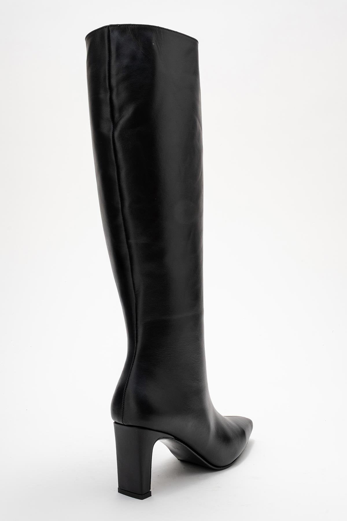 Valencia - Black Genuine Leather Block Heel Knee-High Boot – back view showing leather, black, Vowalisse
