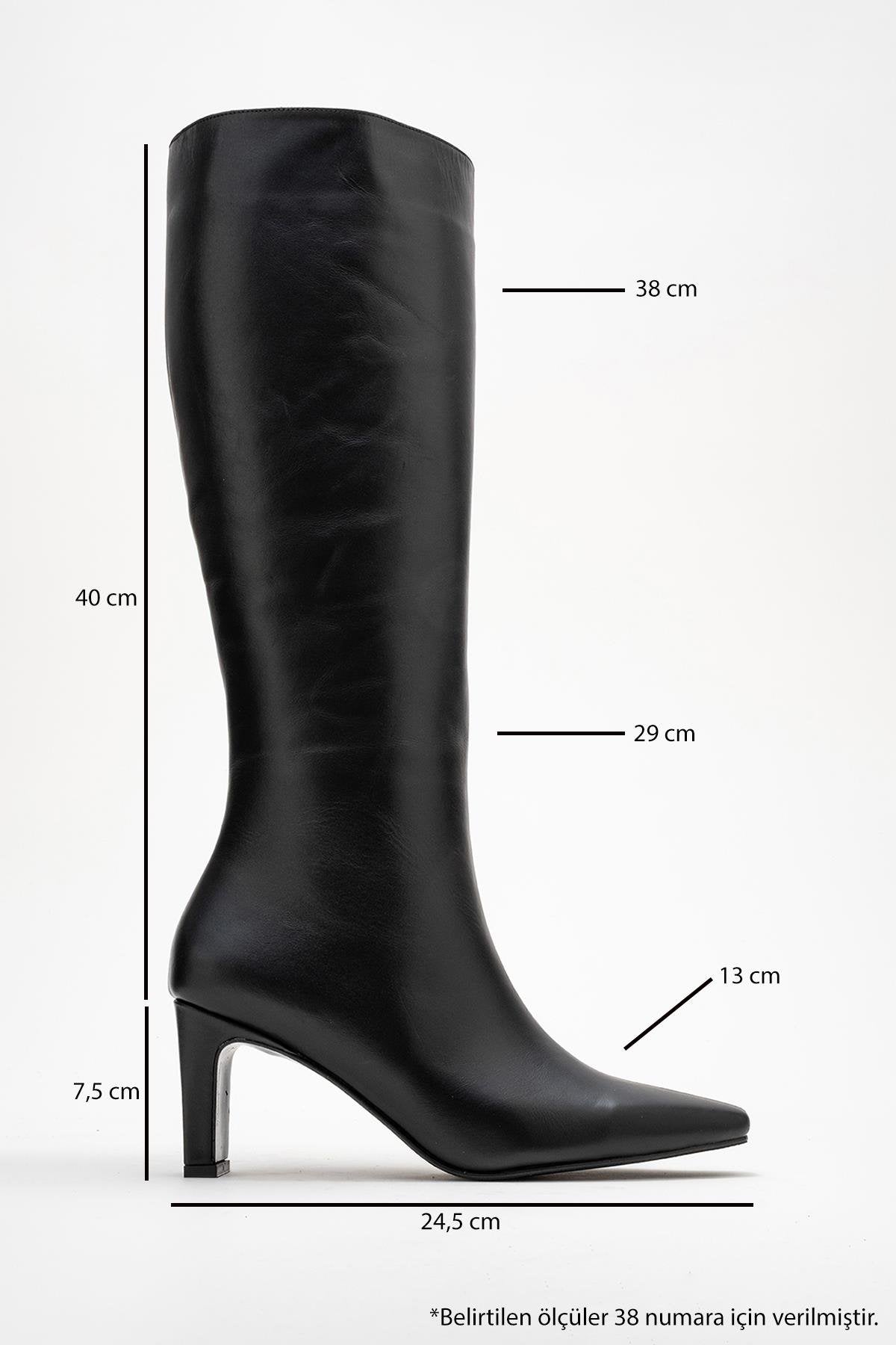 Valencia - Black Genuine Leather Block Heel Knee-High Boot – top view showing leather, black, Vowalisse