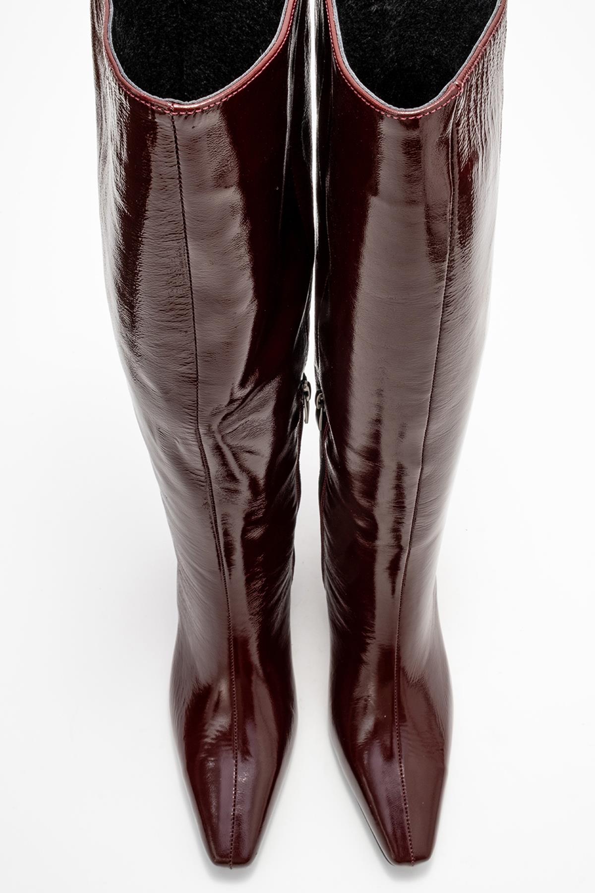 Valencia - Burgundy Patent Genuine Leather Block Heel Boot – side view showing leather, Vowalisse