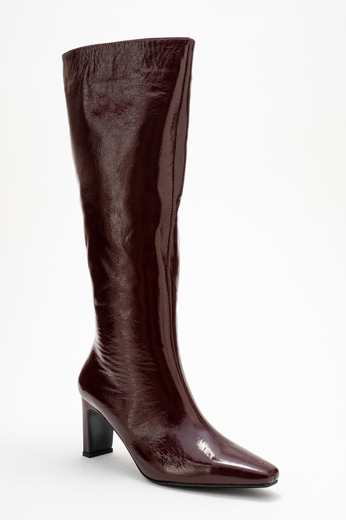 Valencia - Burgundy Patent Genuine Leather Block Heel Boot – detail view showing leather, Vowalisse