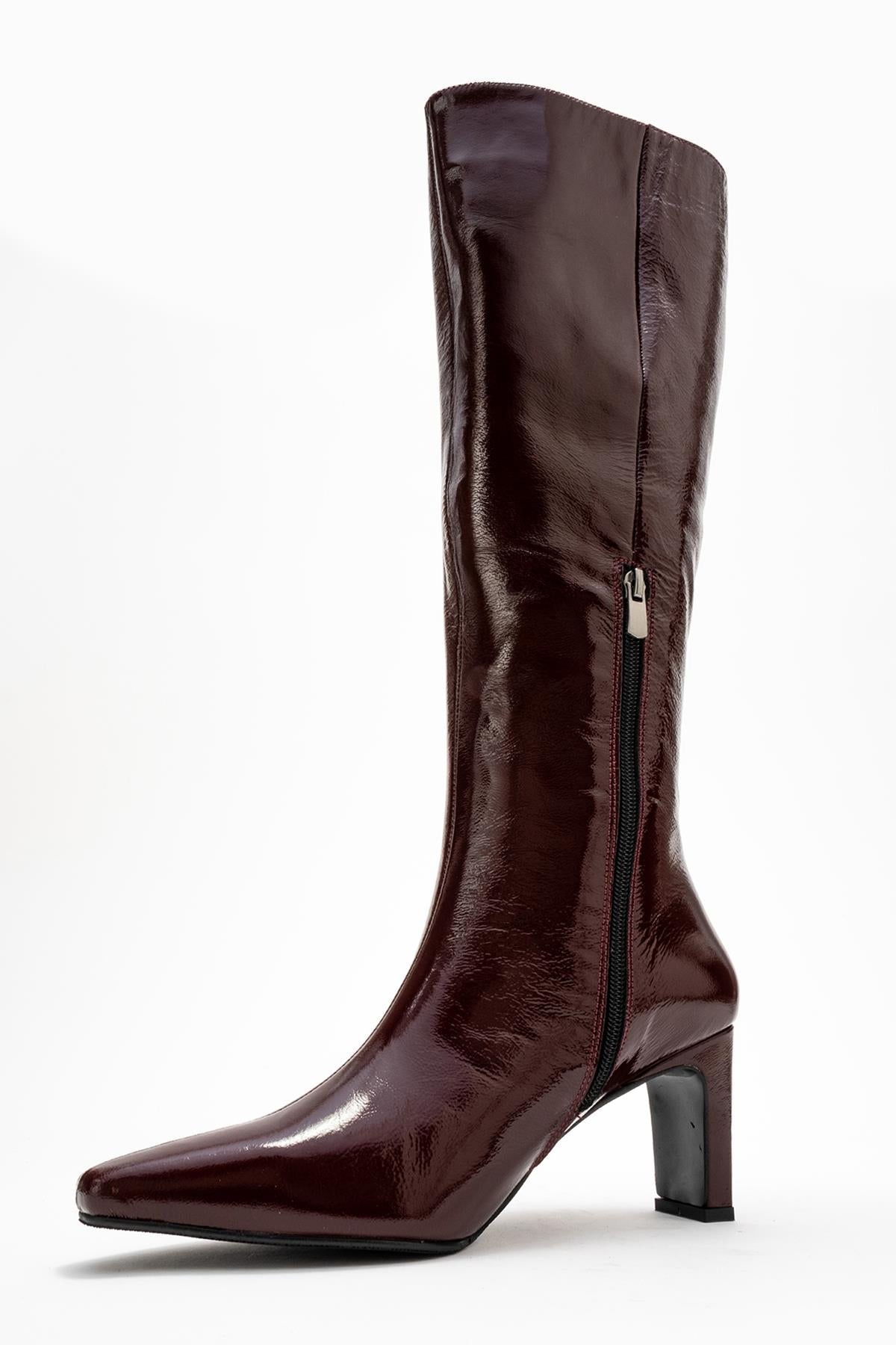 Valencia - Burgundy Patent Genuine Leather Block Heel Boot – heel view showing leather, Vowalisse