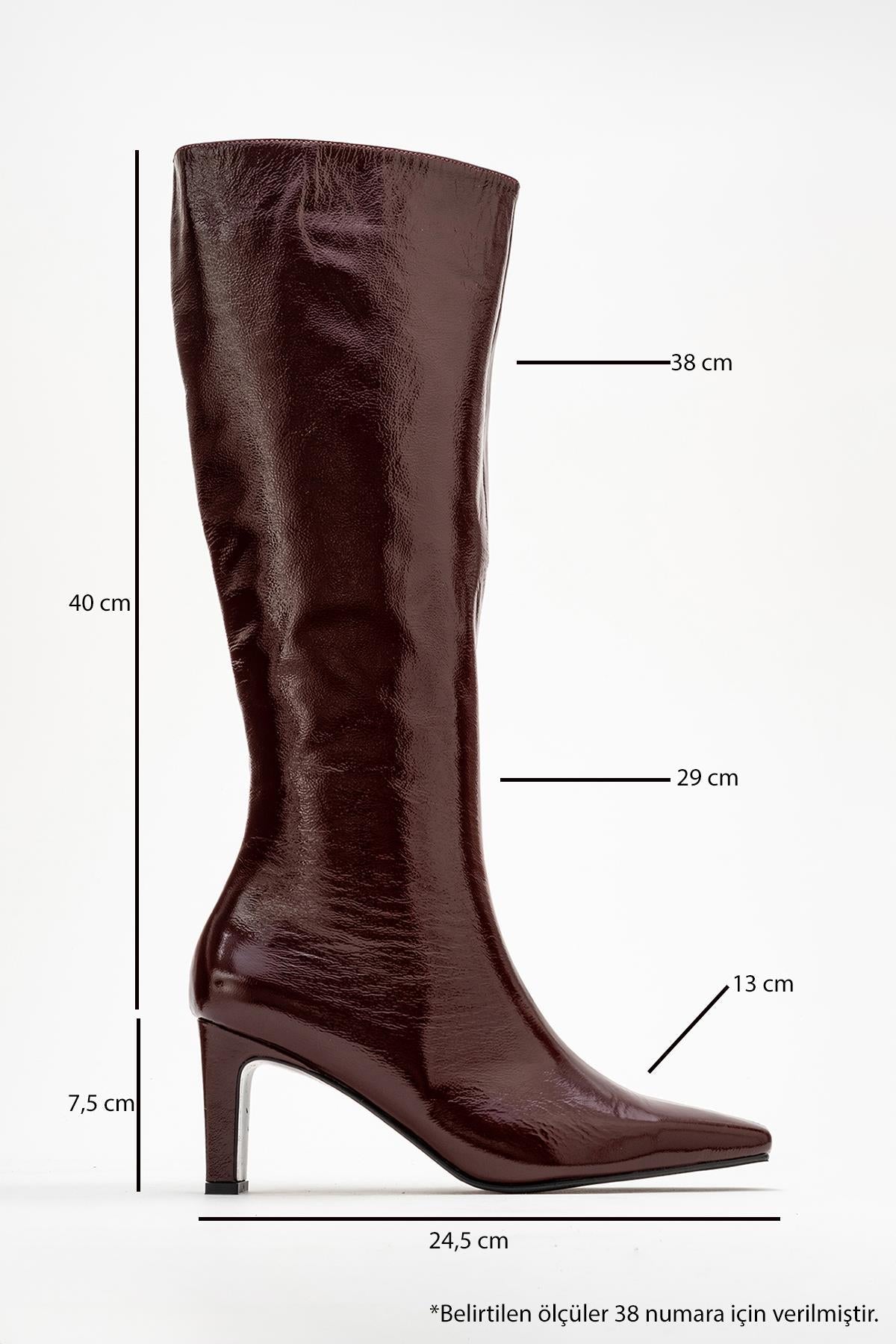 Valencia - Burgundy Patent Genuine Leather Block Heel Boot – top view showing leather, Vowalisse
