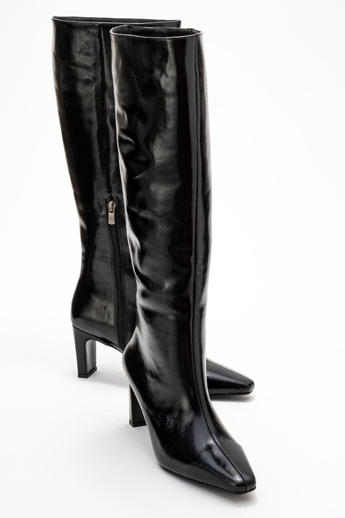 Valencia - Black Patent Genuine Leather Block Heel Boot – front three-quarter view showing leather, black, red, Vowalisse