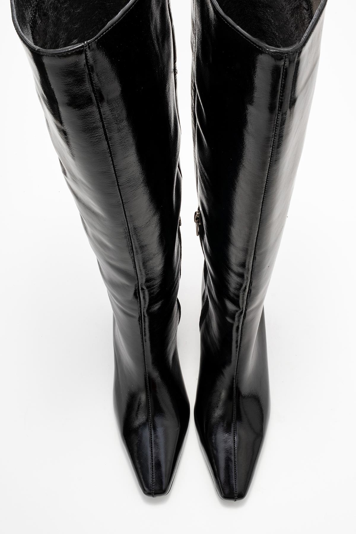 Valencia - Black Patent Genuine Leather Block Heel Boot – side view showing leather, black, red, Vowalisse