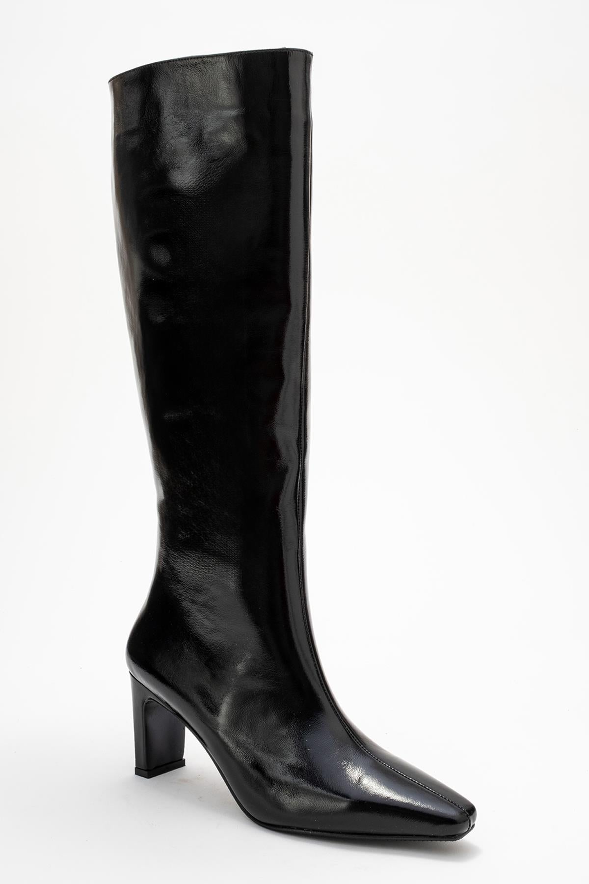 Valencia - Black Patent Genuine Leather Block Heel Boot – detail view showing leather, black, red, Vowalisse