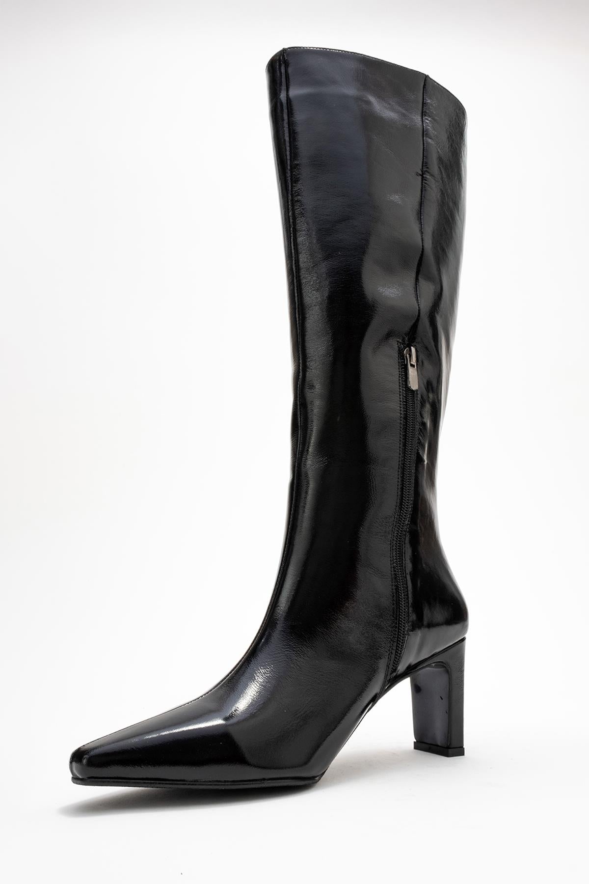 Valencia - Black Patent Genuine Leather Block Heel Boot – heel view showing leather, black, red, Vowalisse