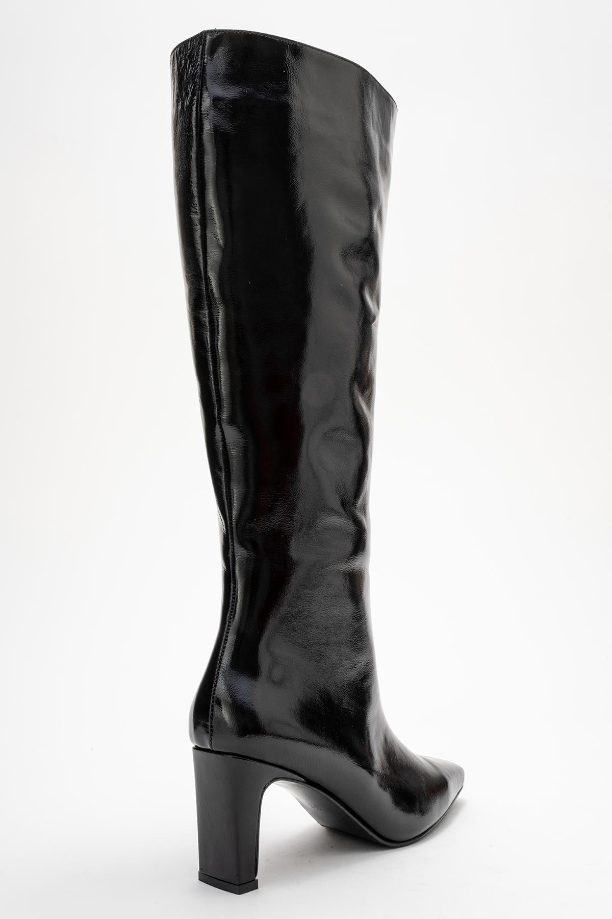 Valencia - Black Patent Genuine Leather Block Heel Boot – back view showing leather, black, red, Vowalisse