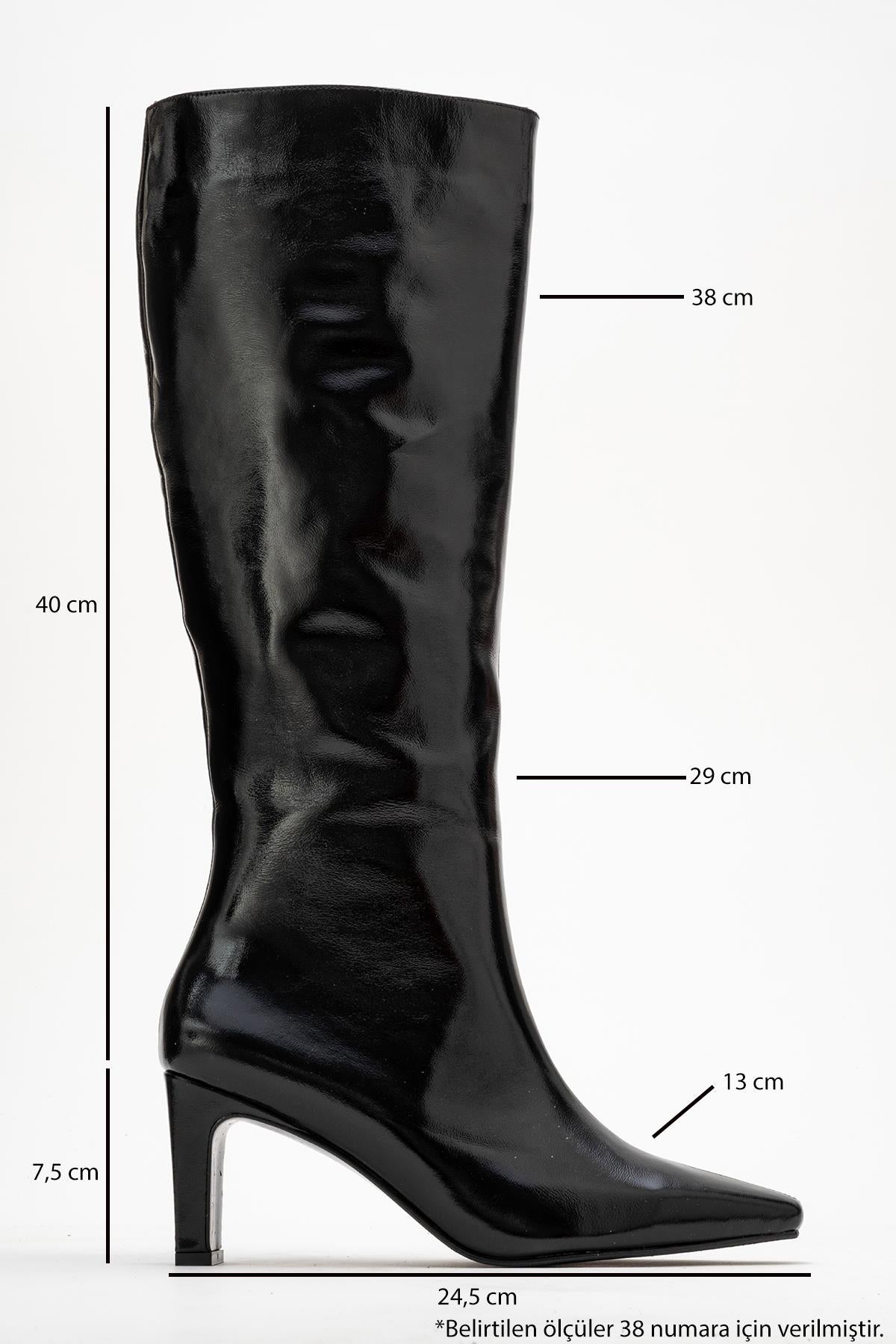 Valencia - Black Patent Genuine Leather Block Heel Boot – top view showing leather, black, red, Vowalisse