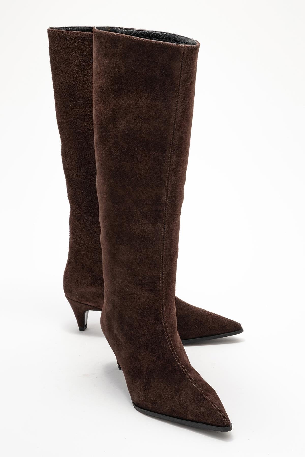 Siora - Brown Suede Genuine Leather Short Heel Boot – front three-quarter view showing leather, suede, Vowalisse
