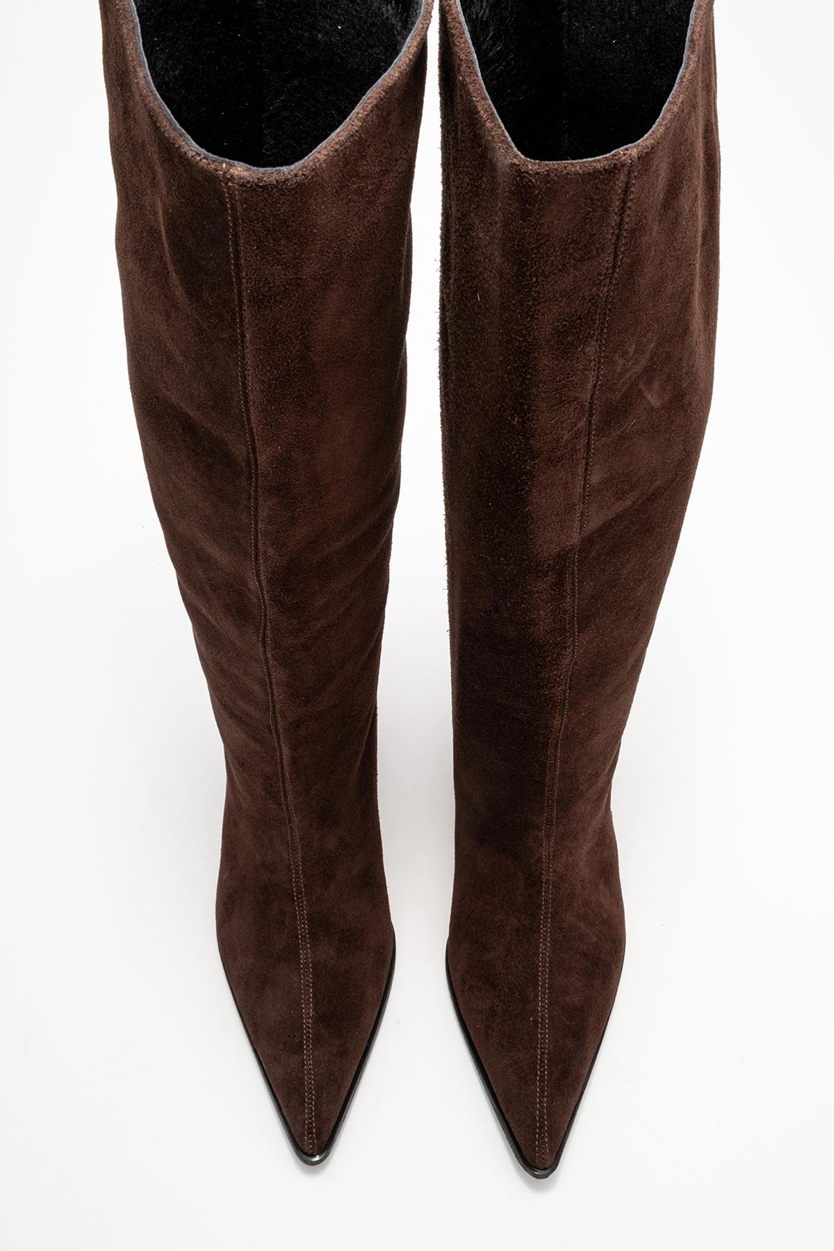 Siora - Brown Suede Genuine Leather Short Heel Boot – side view showing leather, suede, Vowalisse