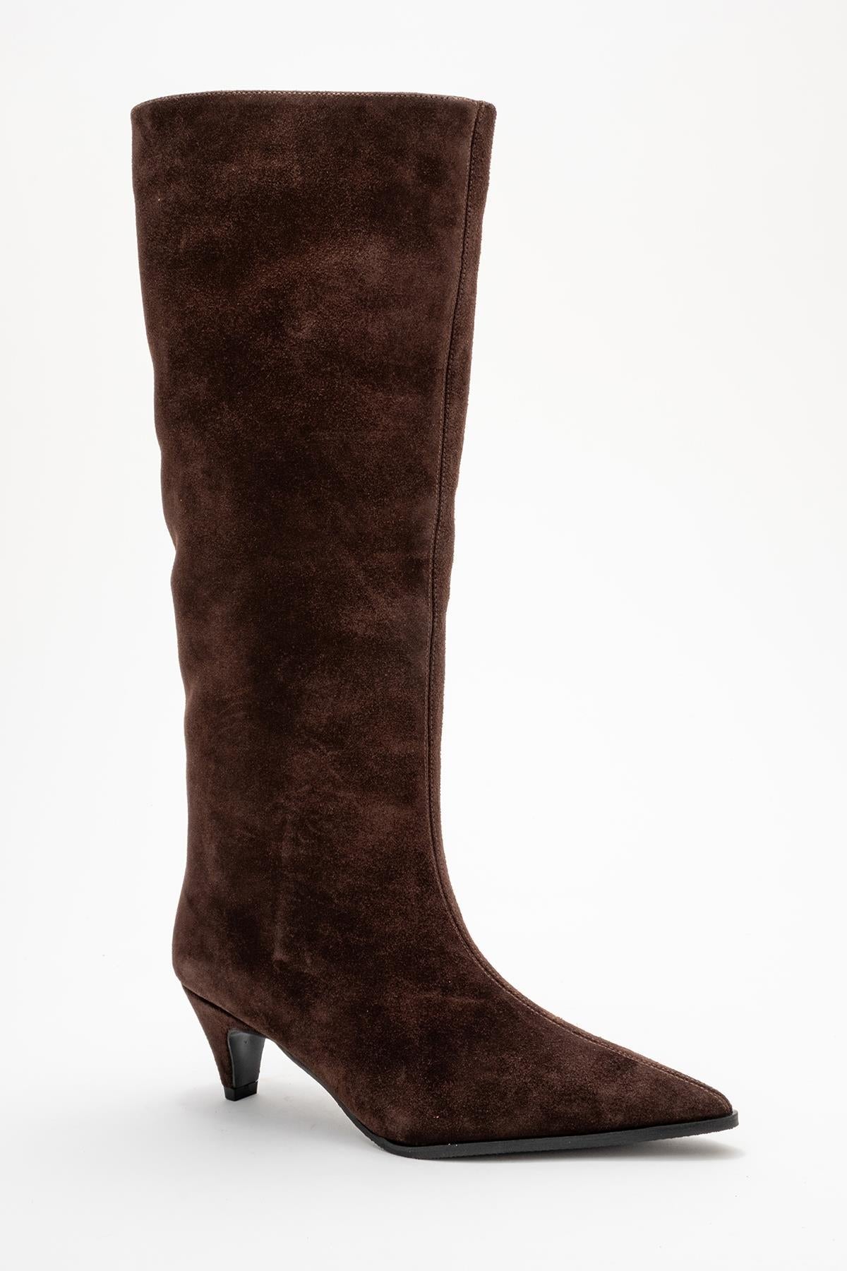 Siora - Brown Suede Genuine Leather Short Heel Boot – detail view showing leather, suede, Vowalisse