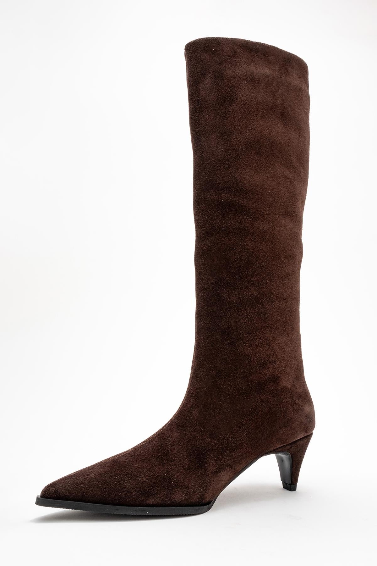 Siora - Brown Suede Genuine Leather Short Heel Boot – heel view showing leather, suede, Vowalisse