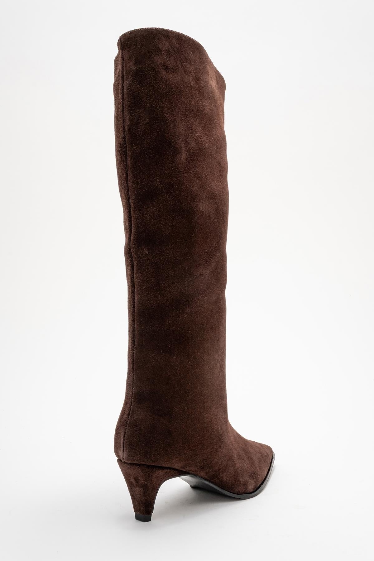 Siora - Brown Suede Genuine Leather Short Heel Boot – back view showing leather, suede, Vowalisse