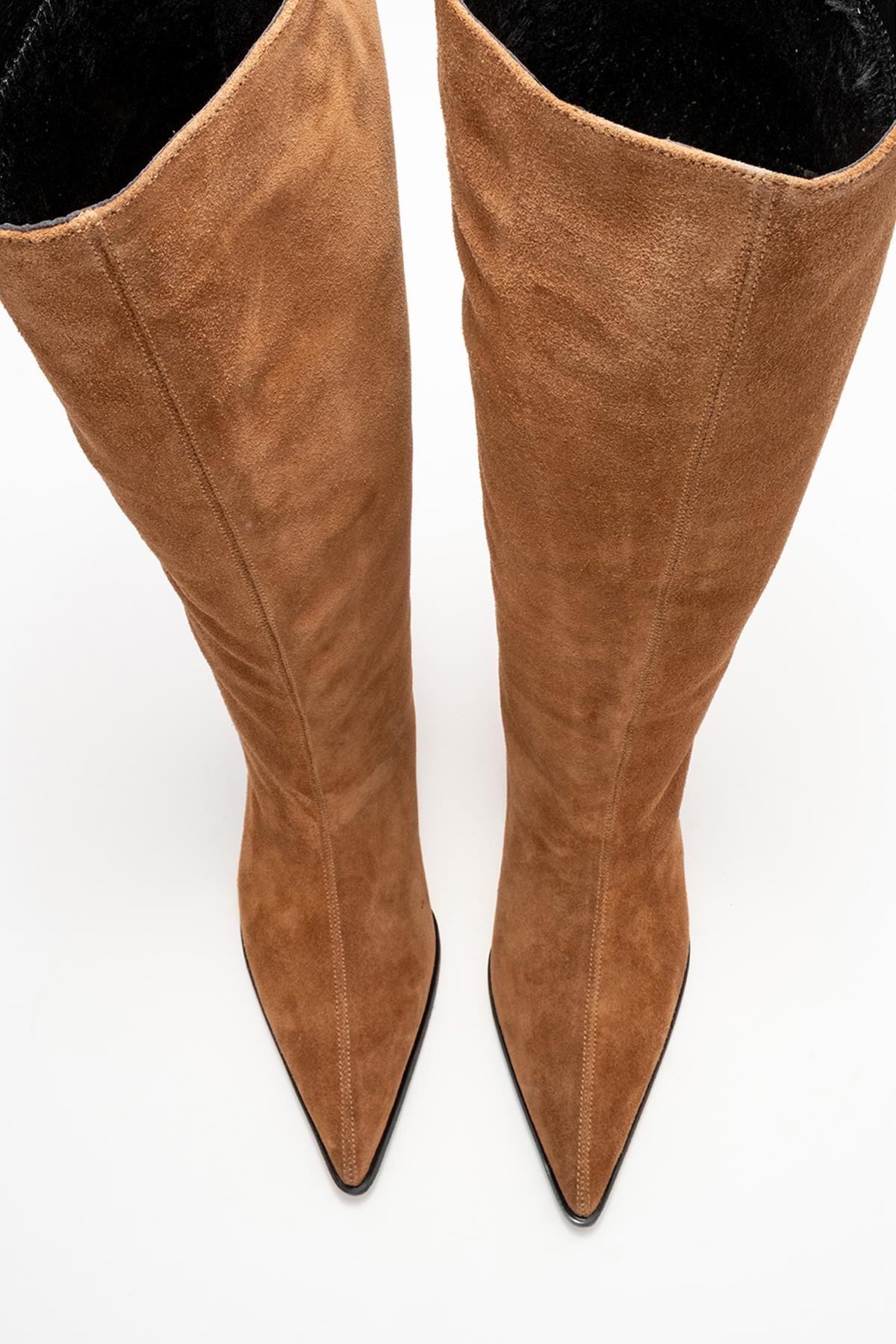 Siora - Taupe Suede Genuine Leather Short Heel Boot – side view showing leather, suede, Vowalisse
