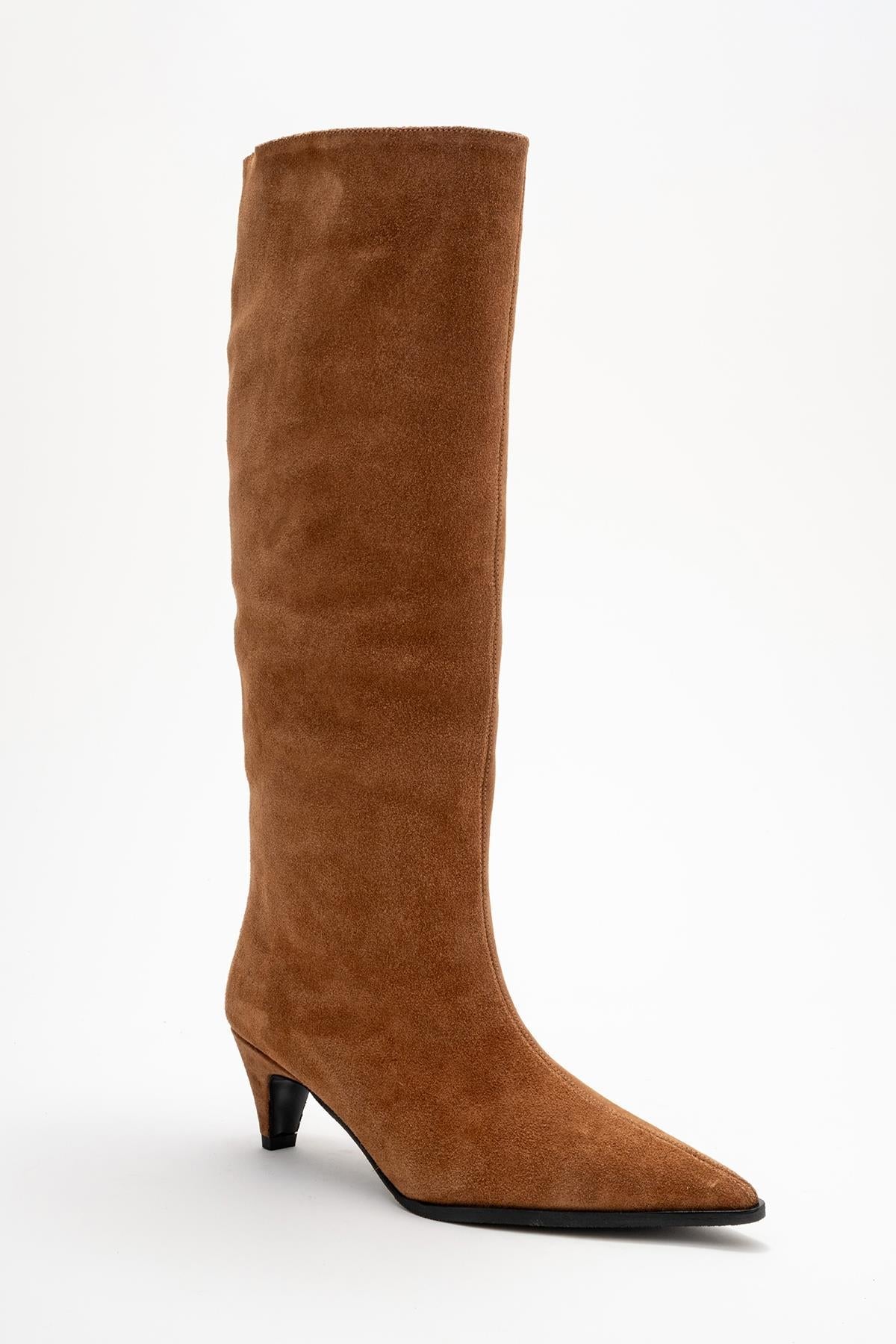 Siora - Taupe Suede Genuine Leather Short Heel Boot – detail view showing leather, suede, Vowalisse