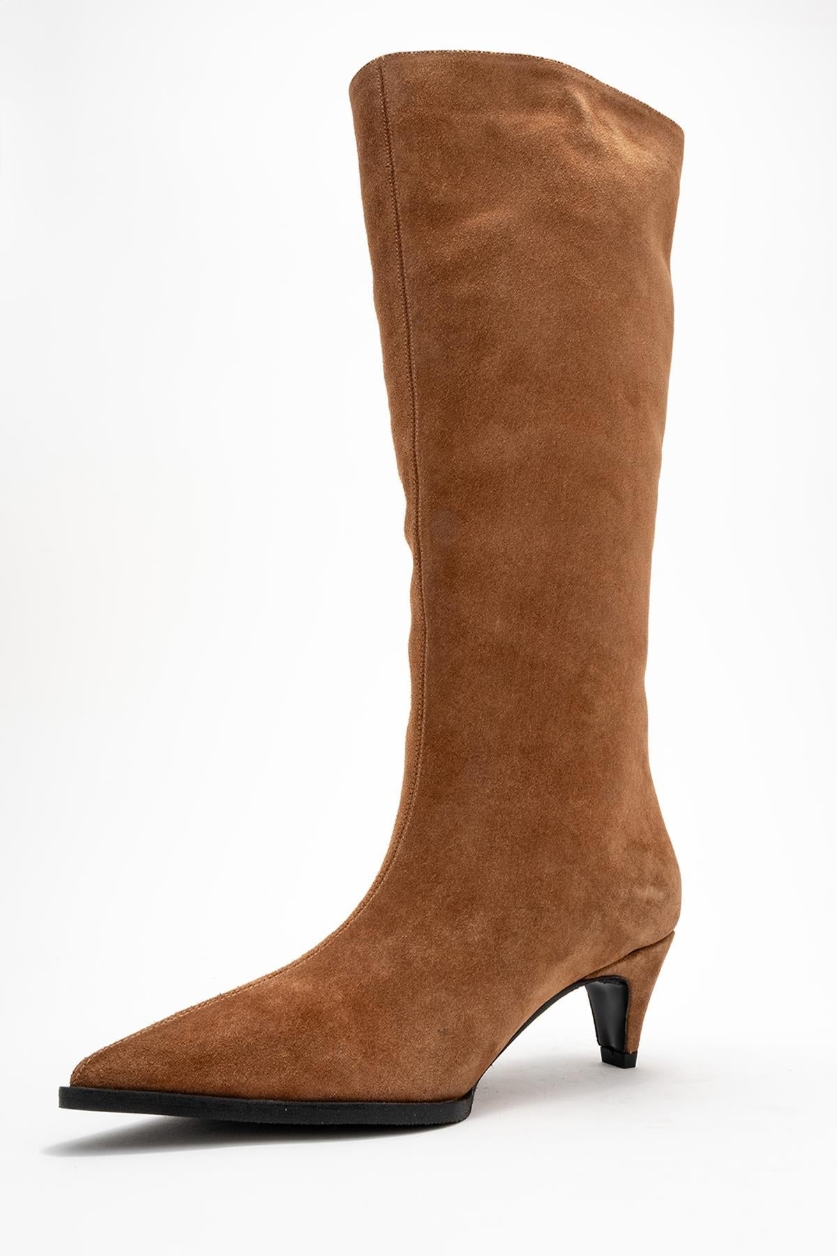 Siora - Taupe Suede Genuine Leather Short Heel Boot – heel view showing leather, suede, Vowalisse