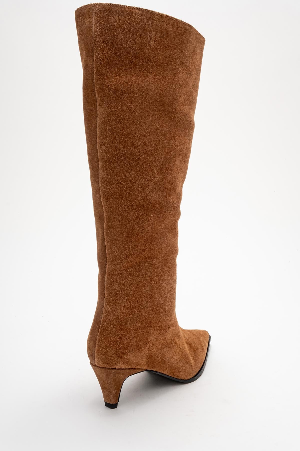 Siora - Taupe Suede Genuine Leather Short Heel Boot – back view showing leather, suede, Vowalisse