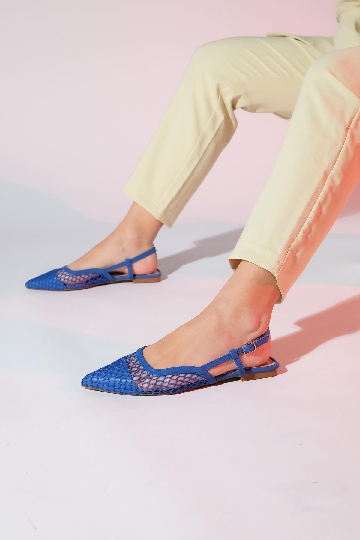 Brace Blue Mesh Flat Sandal – front three-quarter view showing leather, mesh, blue, Vowalisse