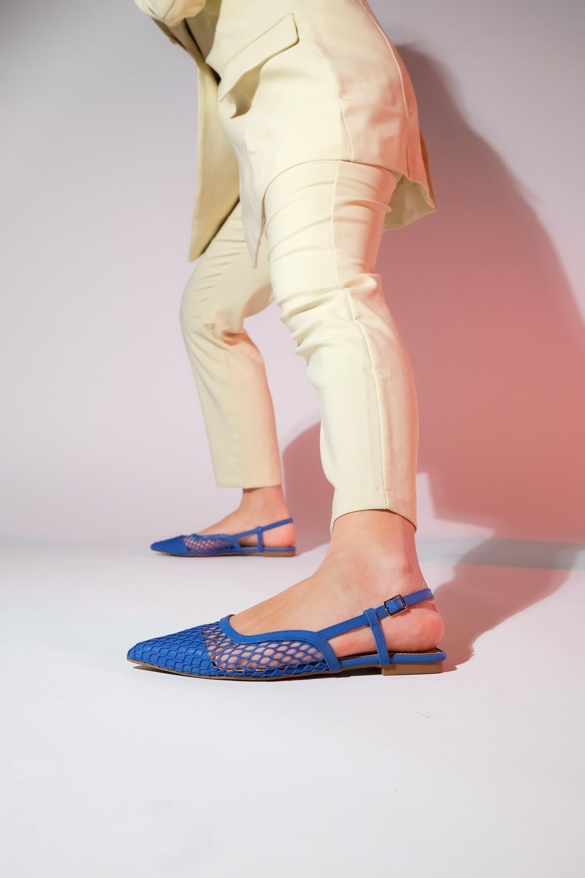 Brace Blue Mesh Flat Sandal – heel view showing leather, mesh, blue, Vowalisse