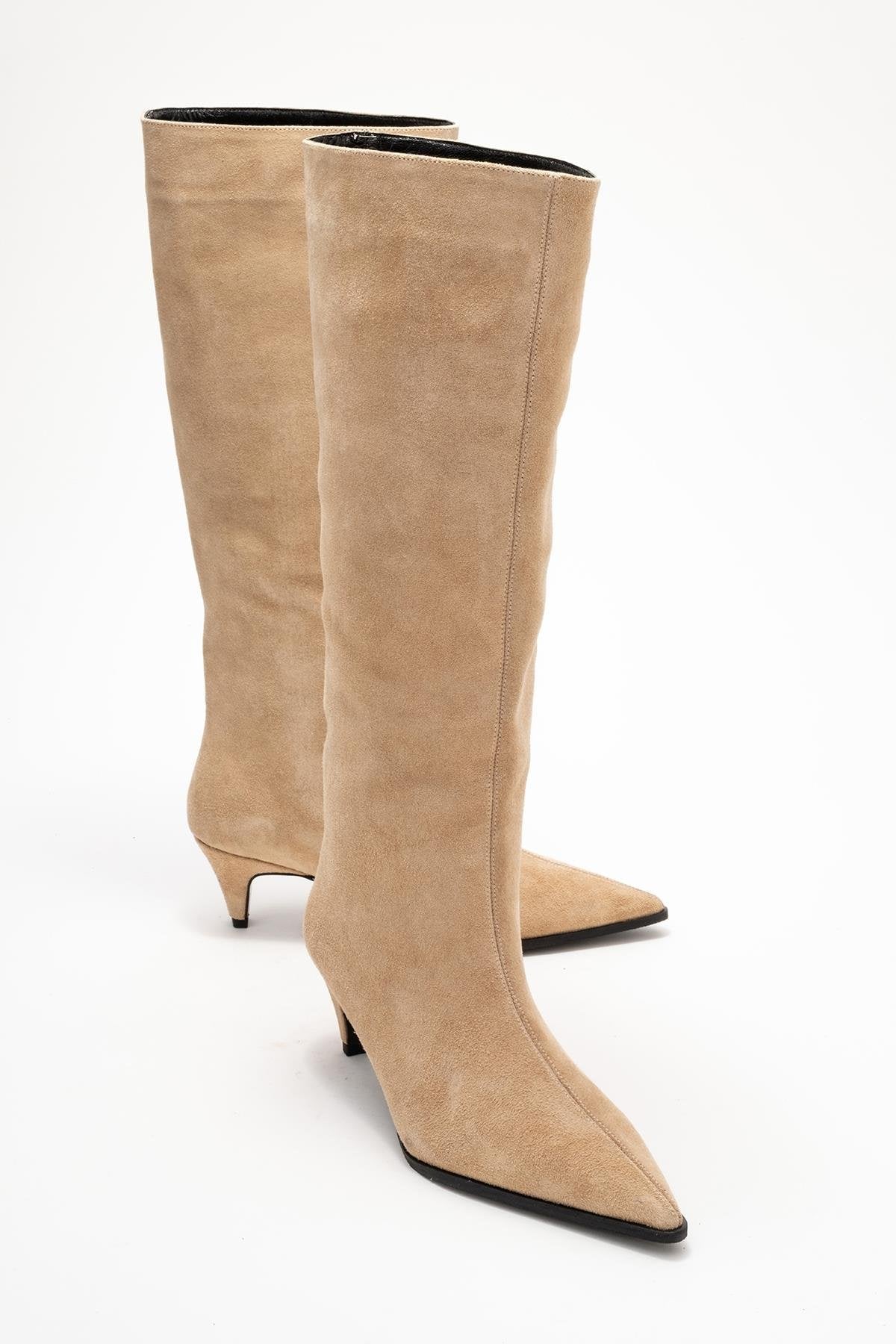 Siora - Beige Suede Genuine Leather Short Heel Boot – front three-quarter view showing leather, suede, Vowalisse