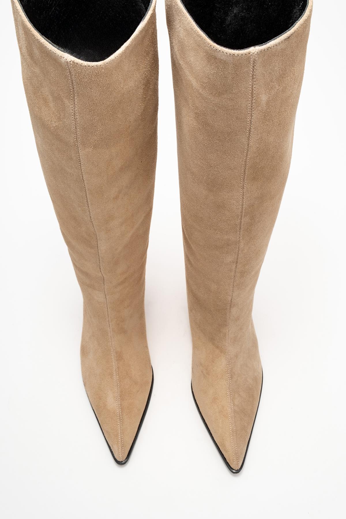 Siora - Beige Suede Genuine Leather Short Heel Boot – side view showing leather, suede, Vowalisse