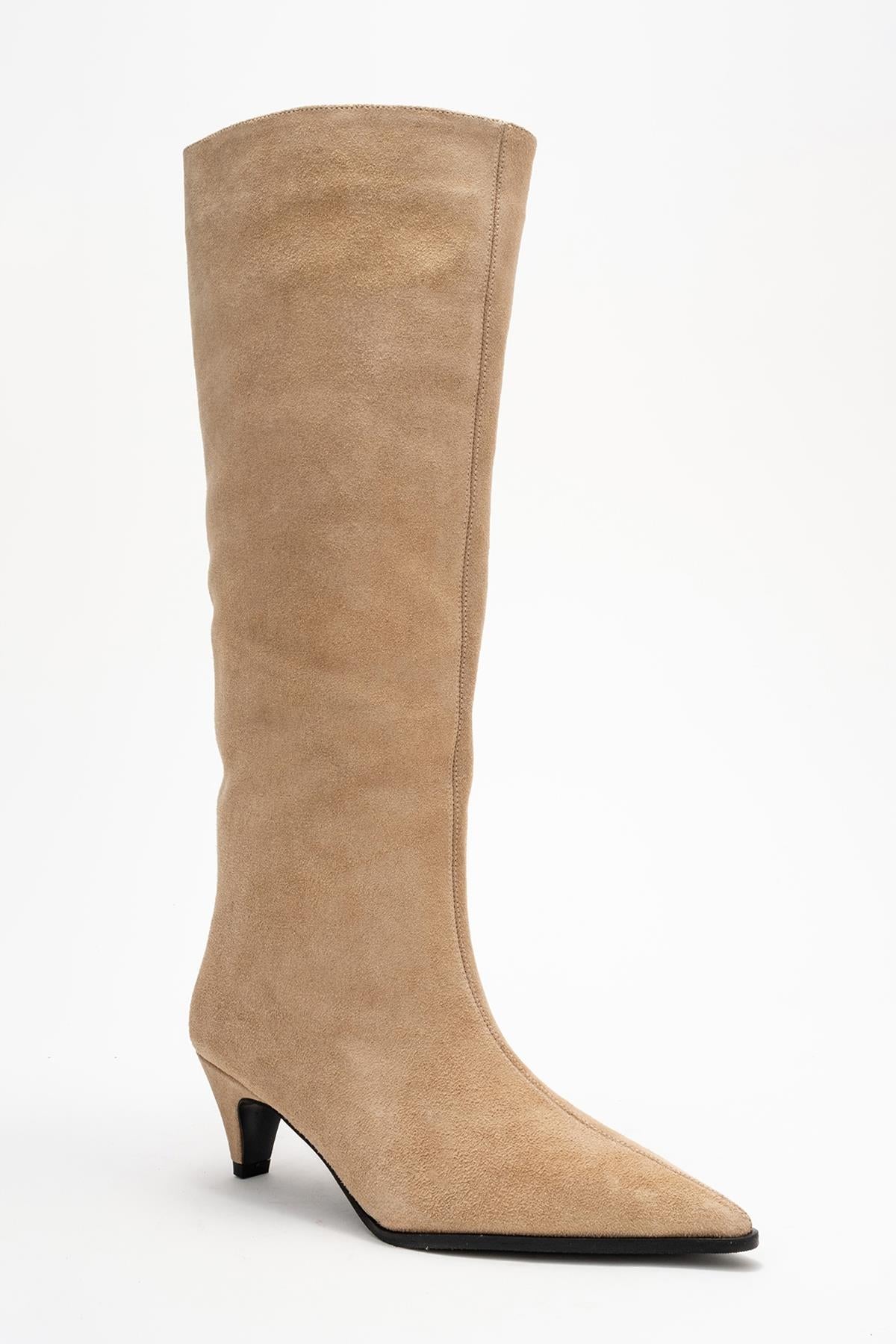 Siora - Beige Suede Genuine Leather Short Heel Boot – detail view showing leather, suede, Vowalisse