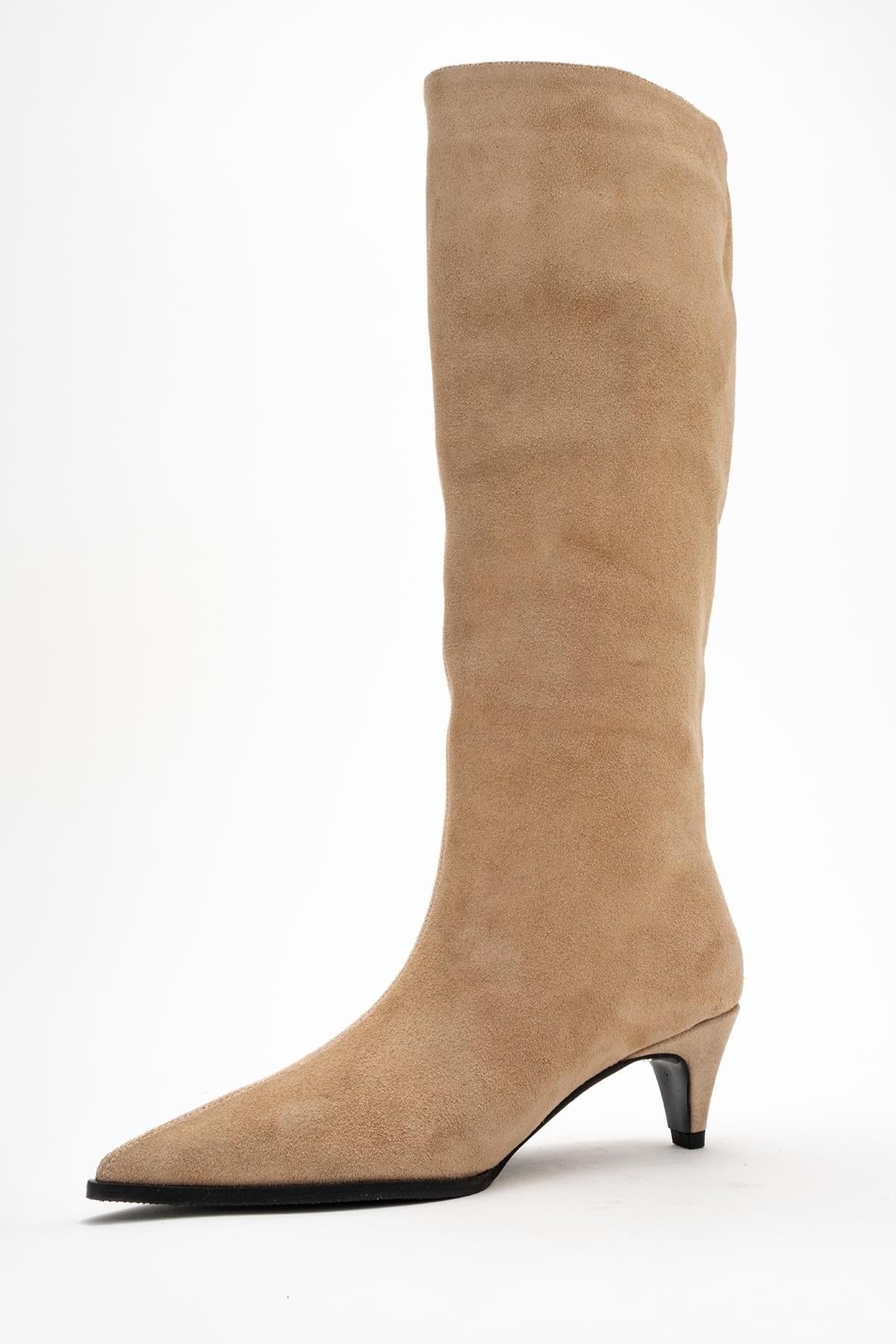 Siora - Beige Suede Genuine Leather Short Heel Boot – heel view showing leather, suede, Vowalisse