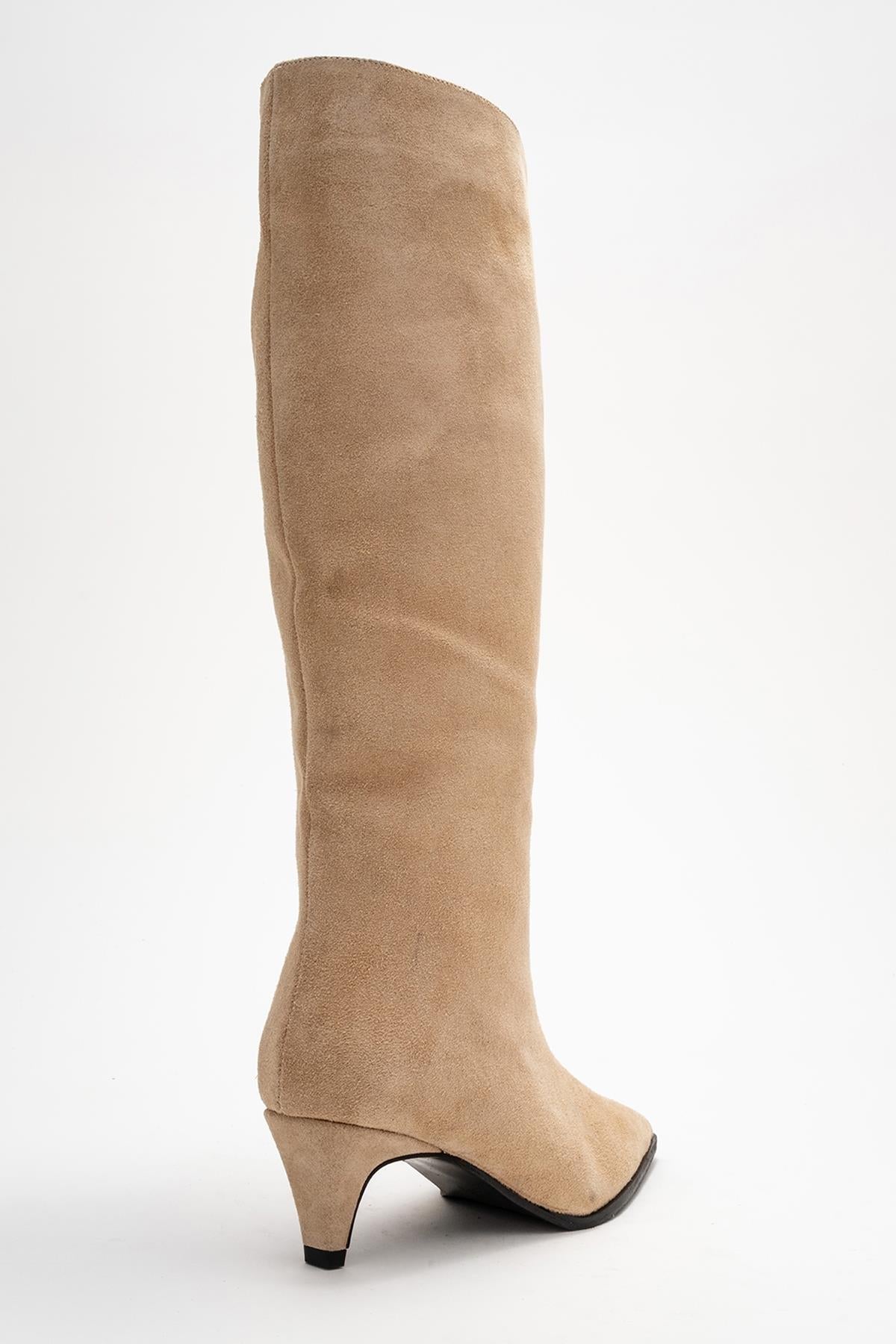 Siora - Beige Suede Genuine Leather Short Heel Boot – back view showing leather, suede, Vowalisse