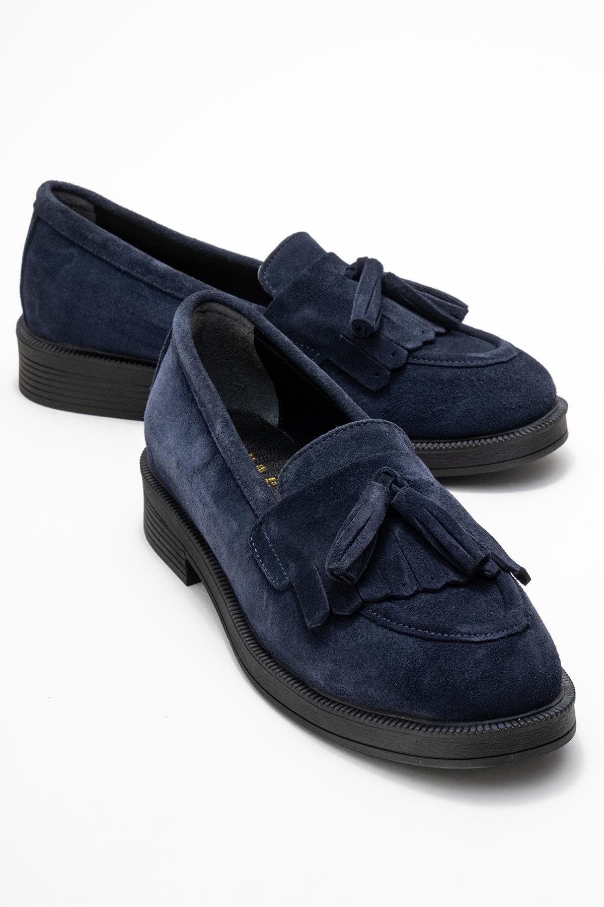 Milina - Navy Suede Genuine Leather Tassel Loafer – front three-quarter view showing leather, suede, red, Vowalisse