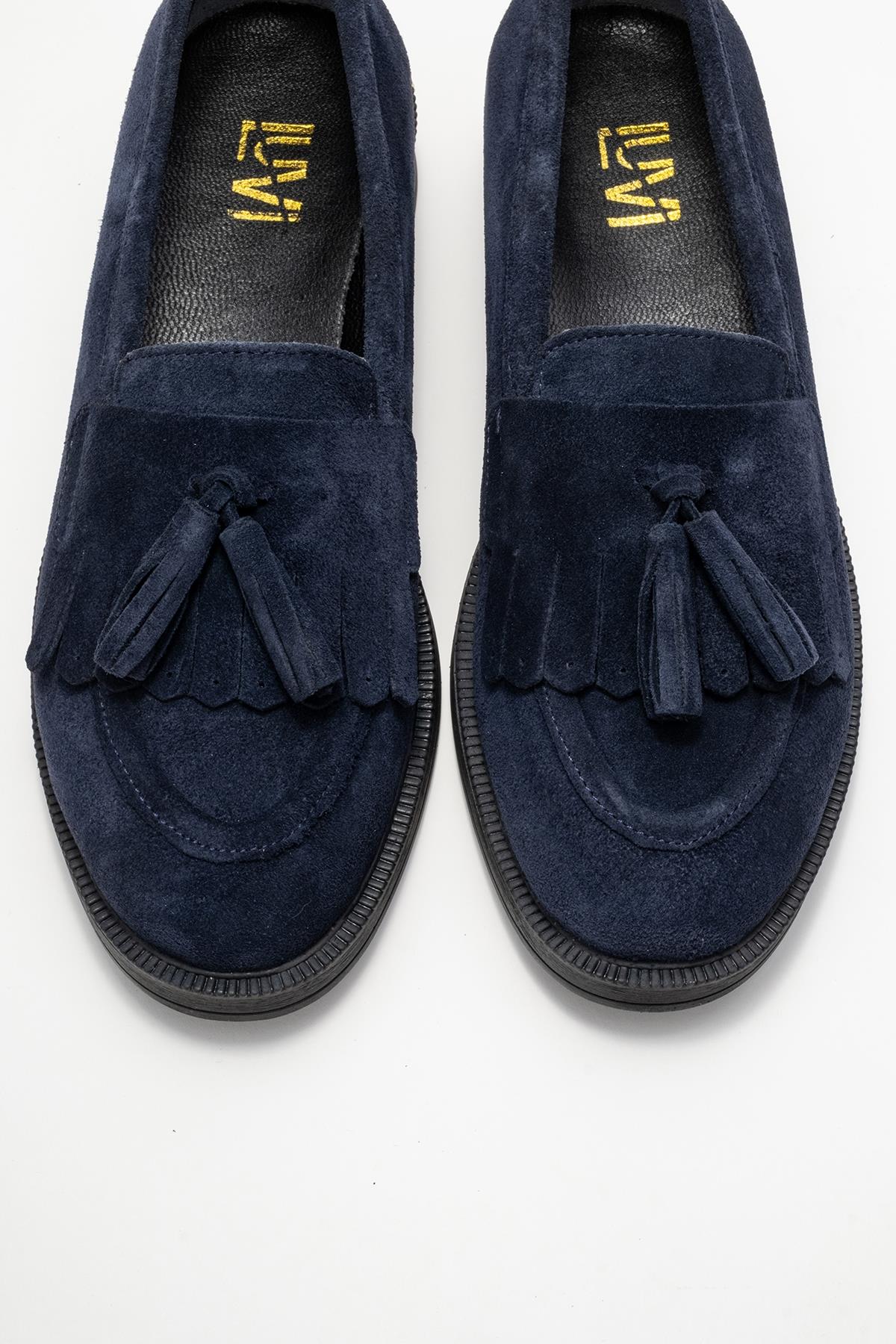 Milina - Navy Suede Genuine Leather Tassel Loafer – side view showing leather, suede, red, Vowalisse