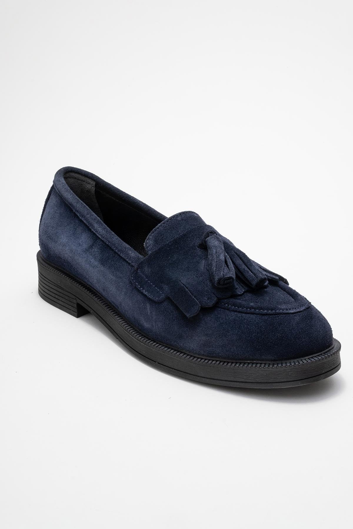 Milina - Navy Suede Genuine Leather Tassel Loafer – detail view showing leather, suede, red, Vowalisse