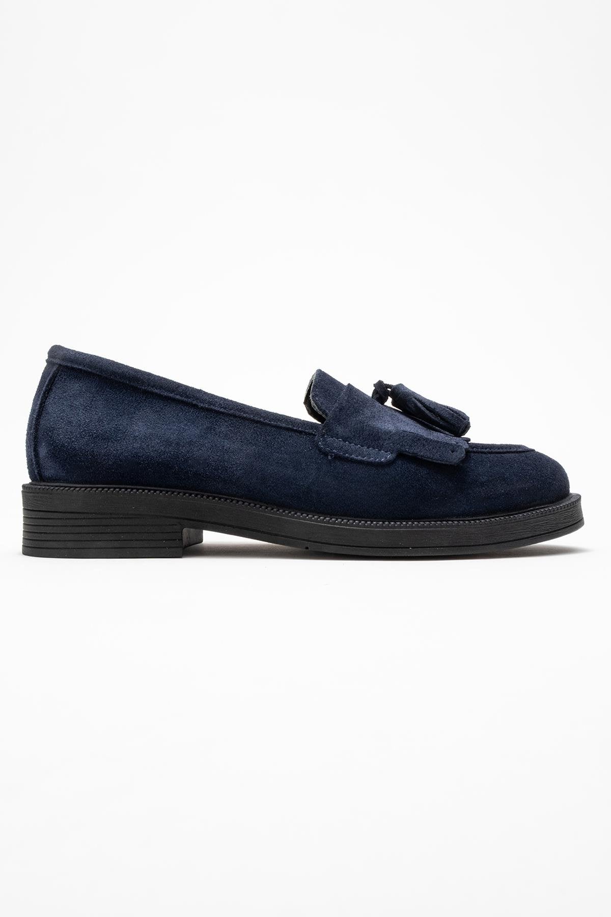 Milina - Navy Suede Genuine Leather Tassel Loafer – top view showing leather, suede, red, Vowalisse