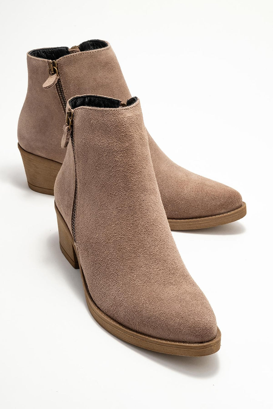 Jayer - Taupe Suede Genuine Leather Zip-Up Heeled Boot