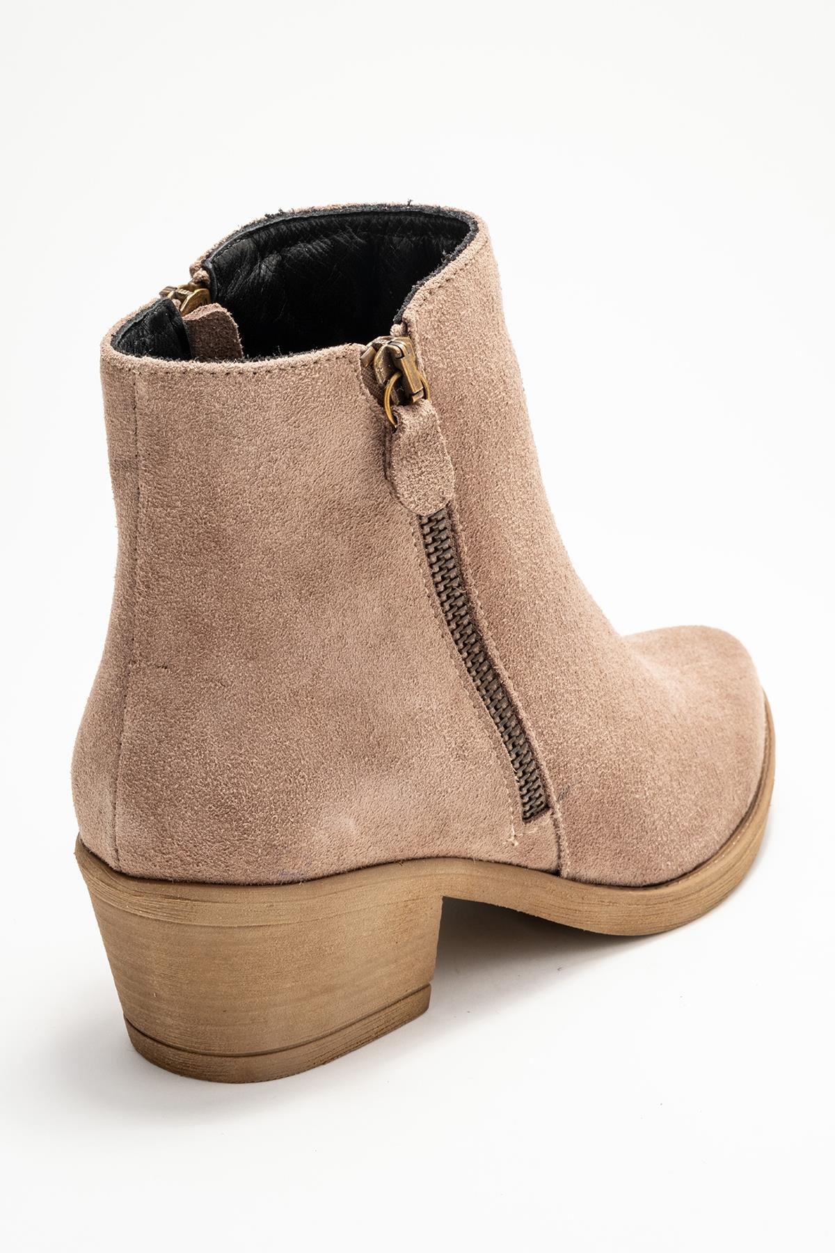 Jayer - Taupe Suede Genuine Leather Zip-Up Heeled Boot – back view showing leather, suede, Vowalisse