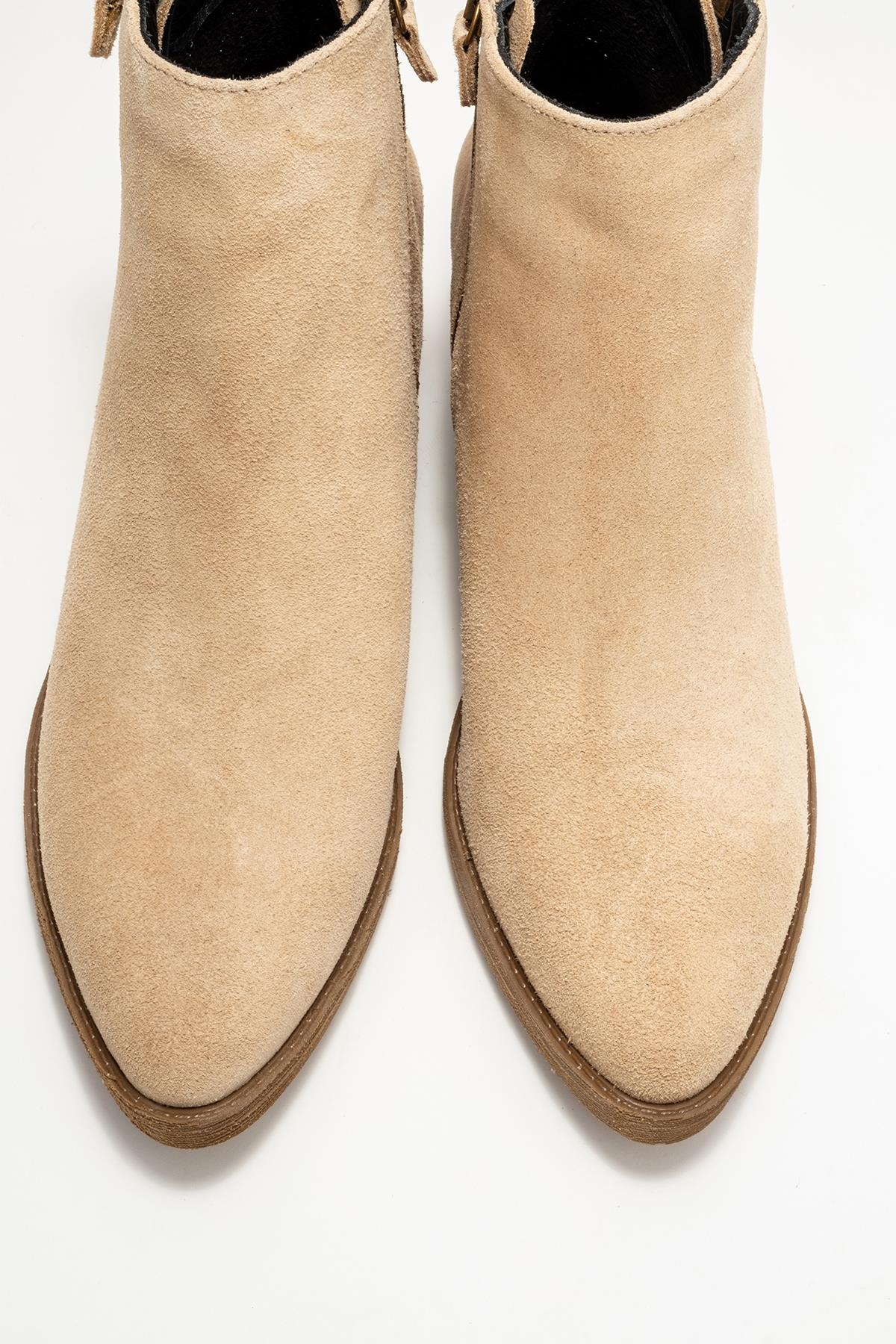 Jayer - Beige Suede Genuine Leather Zip-Up Heeled Boot – side view showing leather, suede, Vowalisse