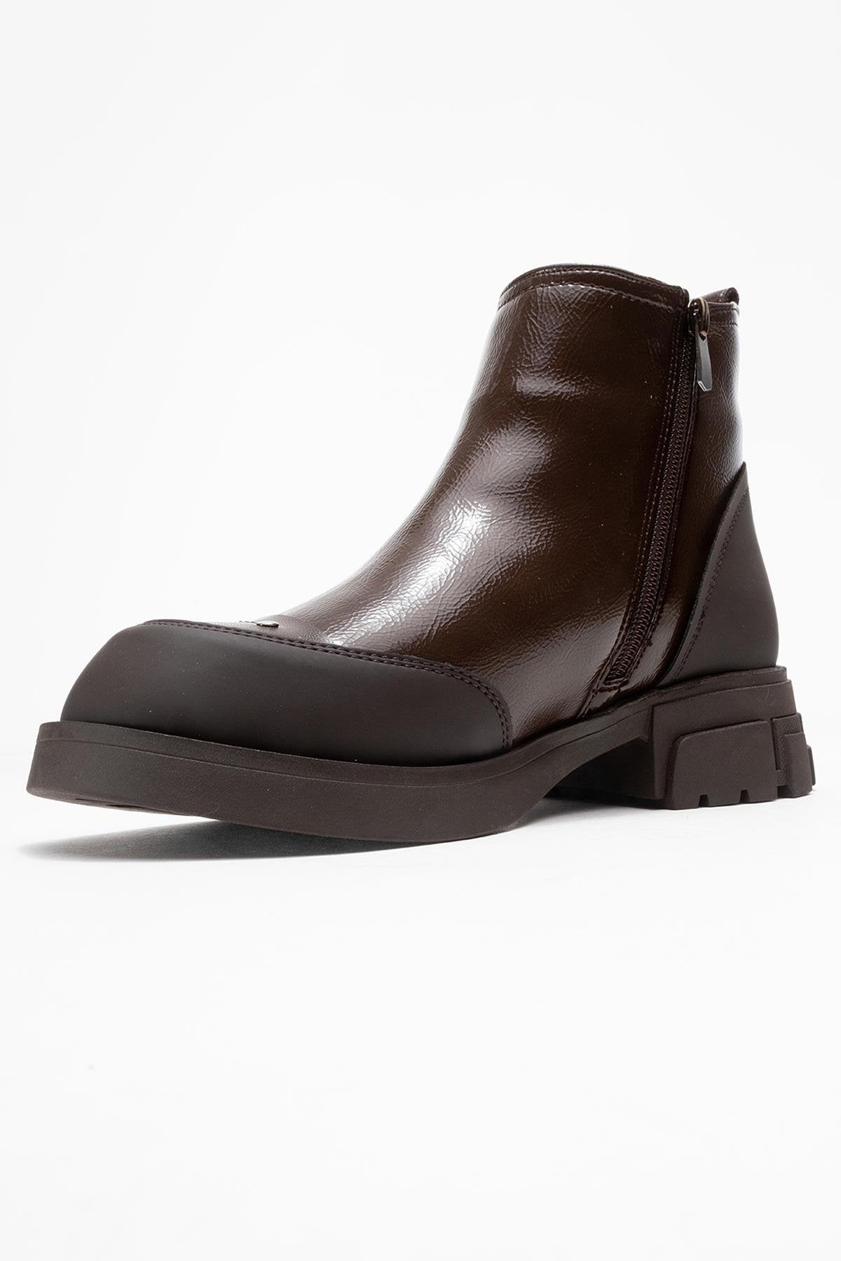 Albia - Brown Patent Boot – heel view showing leather, Vowalisse