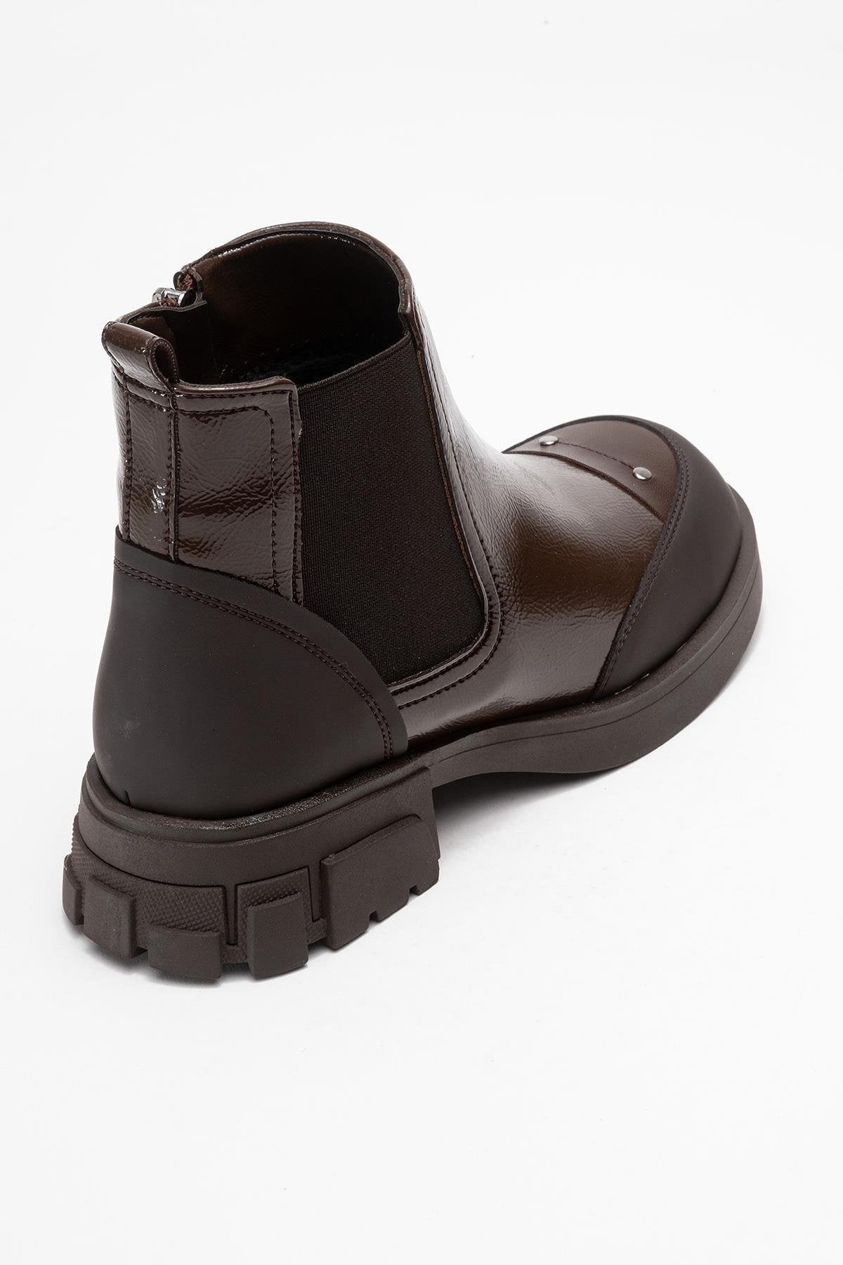 Albia - Brown Patent Boot – back view showing leather, Vowalisse